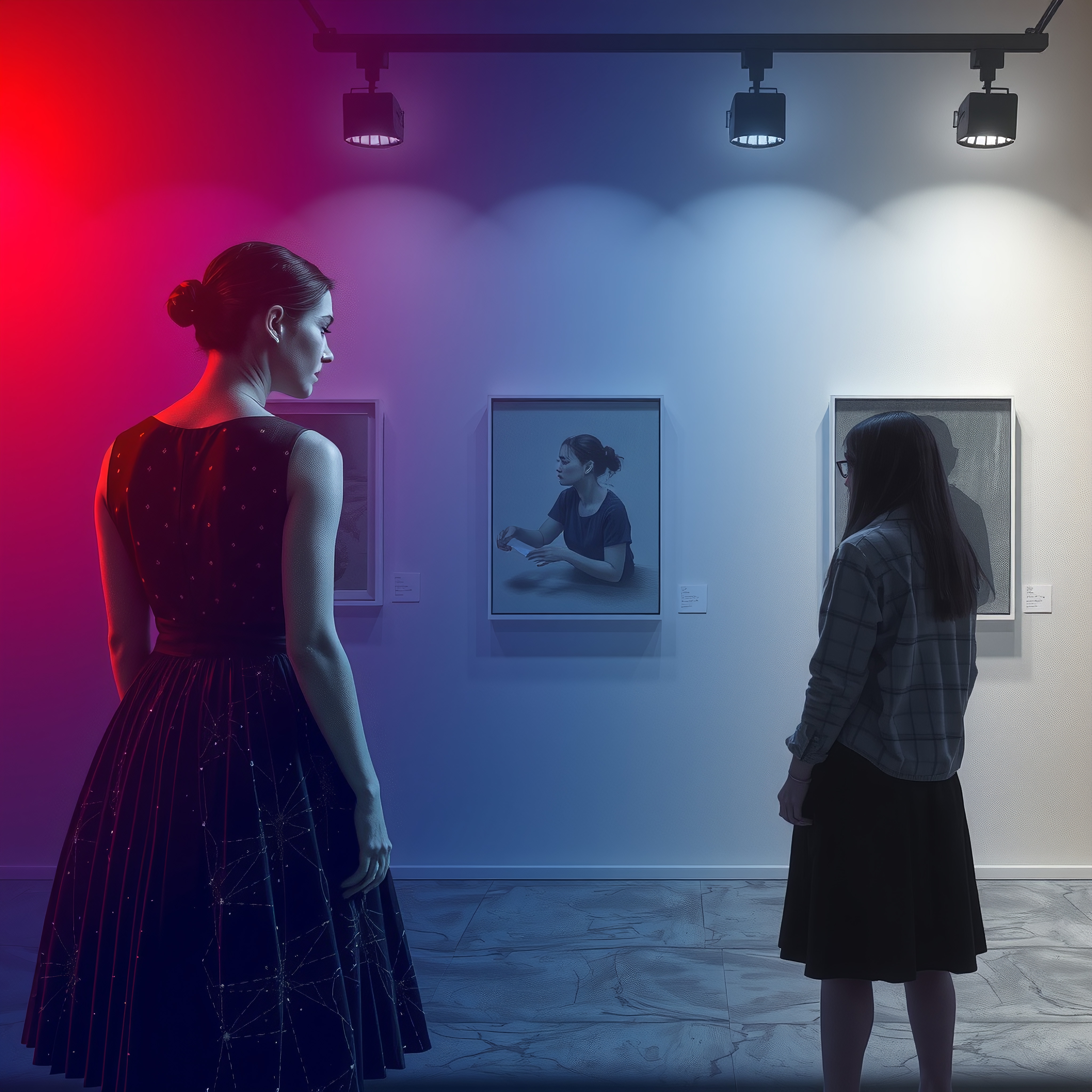 Two women observe art in a gallery accentuated by red and blue lighting, engaging deeply with exhibited portraits.