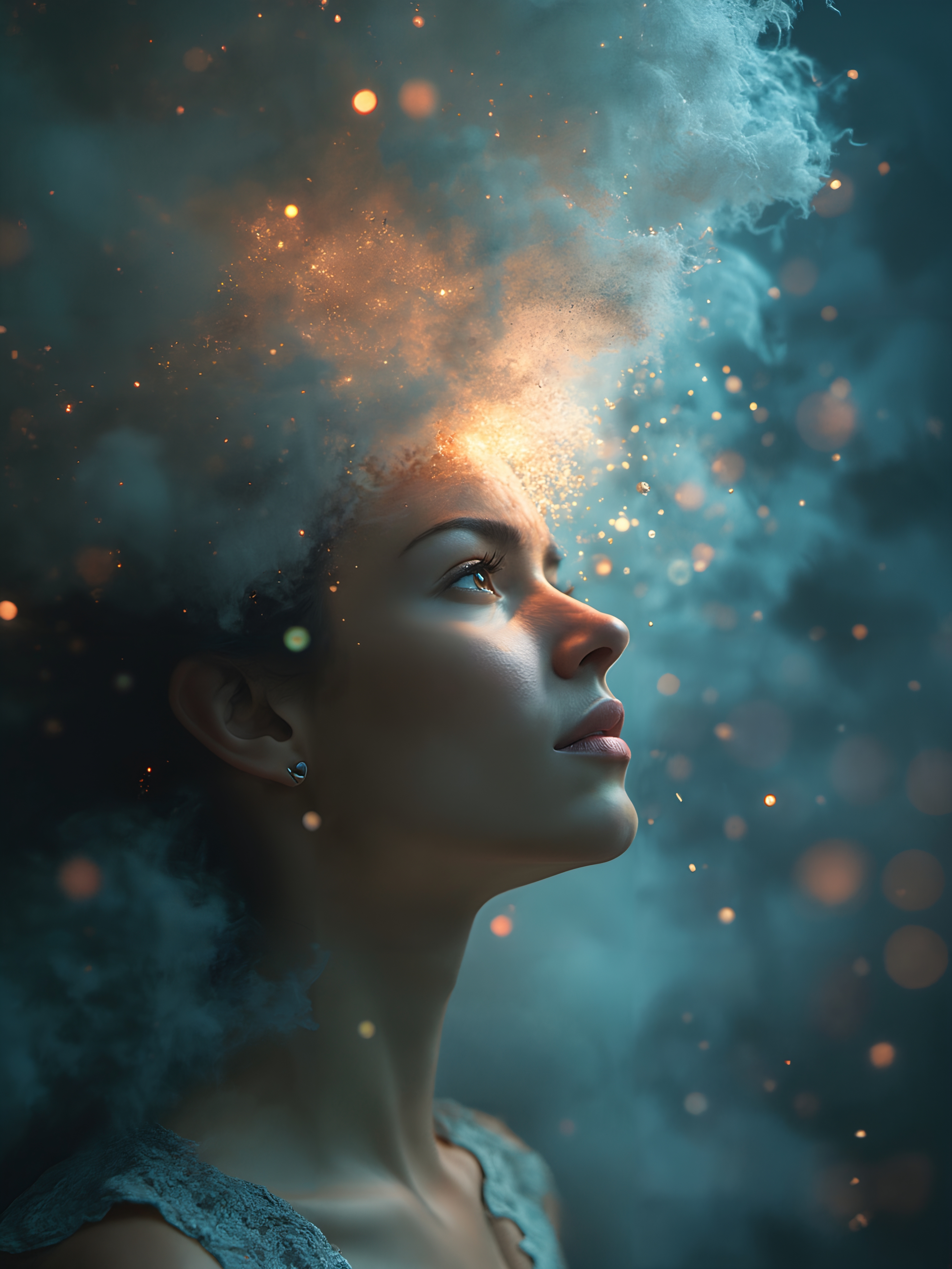 Portrait of a Woman in a Cloud of Light and Golden Particles