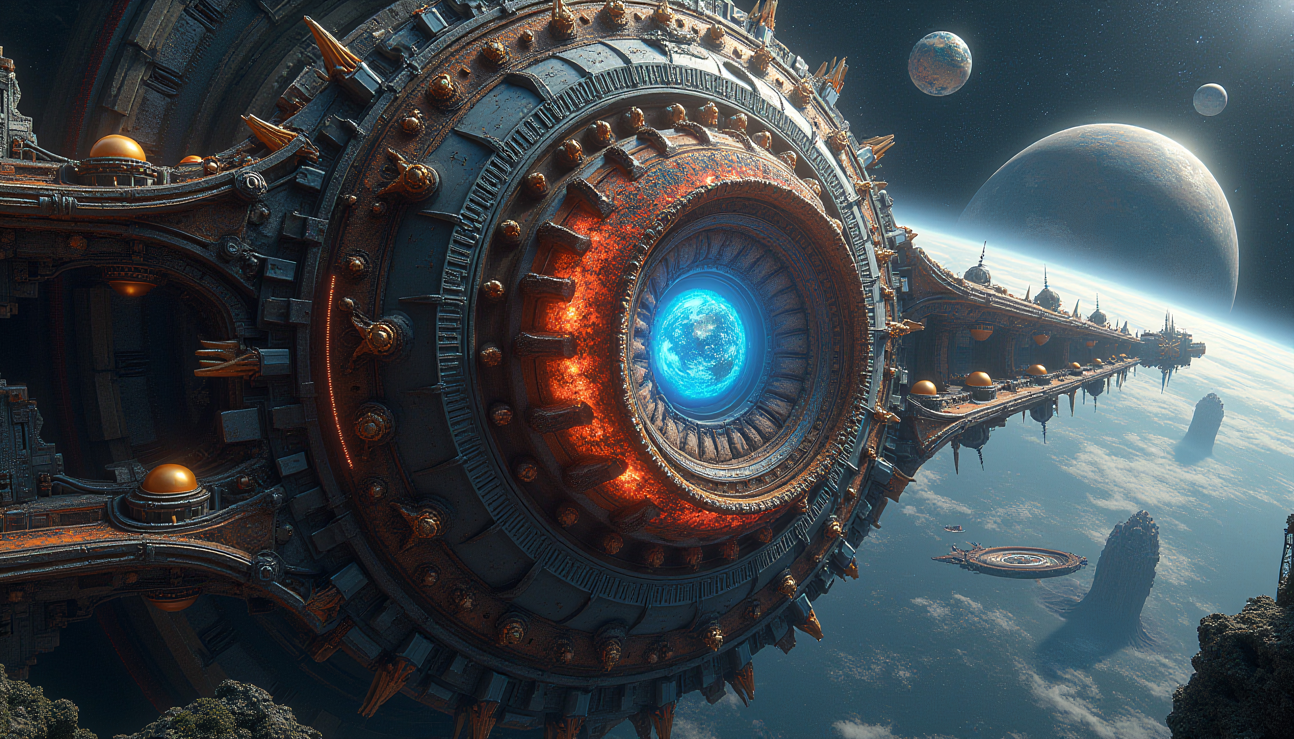Futuristic space station orbiting planets with glowing core.