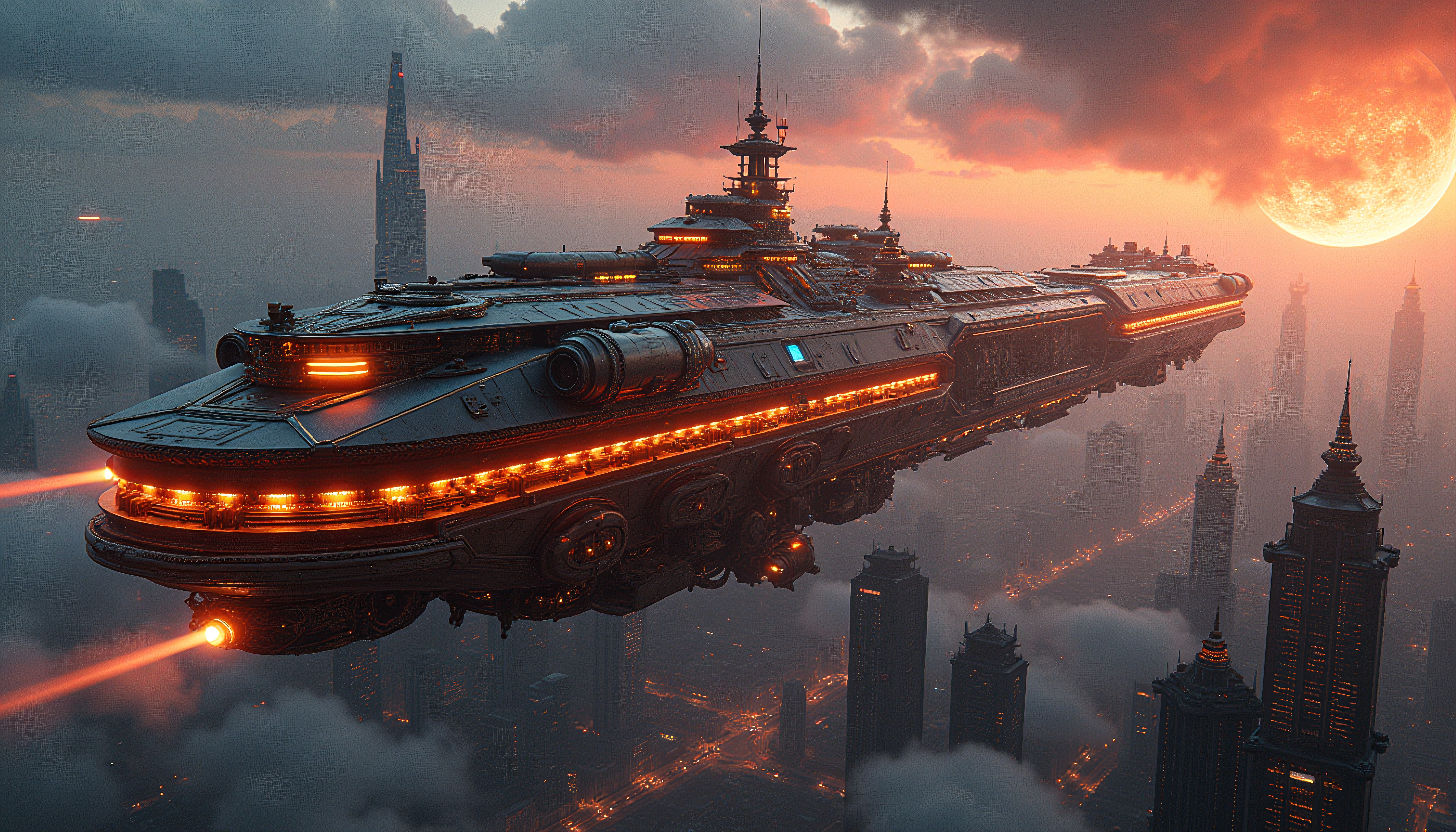 Sci-Fi Mega-Ship Dominating a Futuristic City Skyline at Sunset