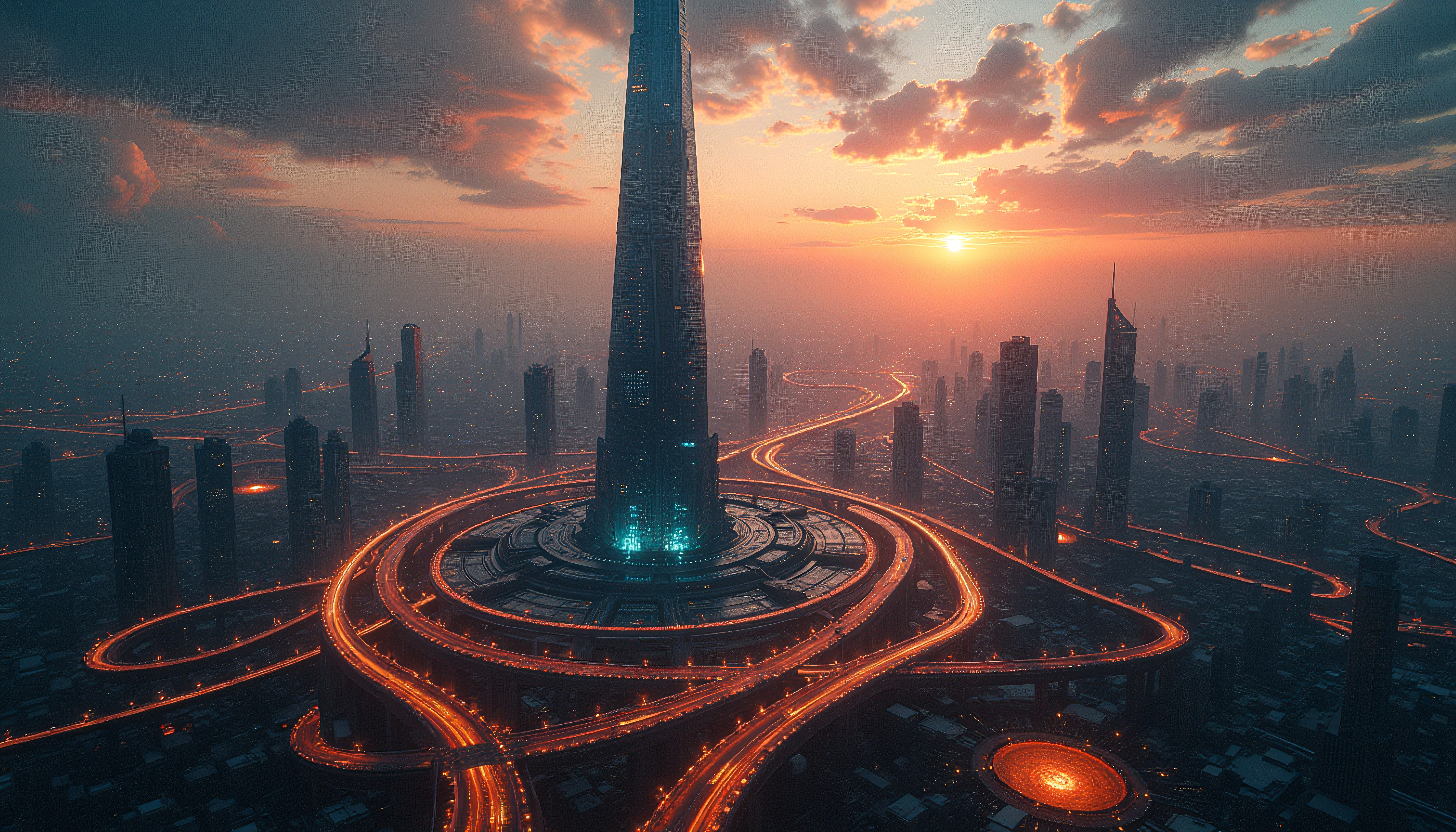 Futuristic Cityscape with Central Skyscraper and Circular Highwa