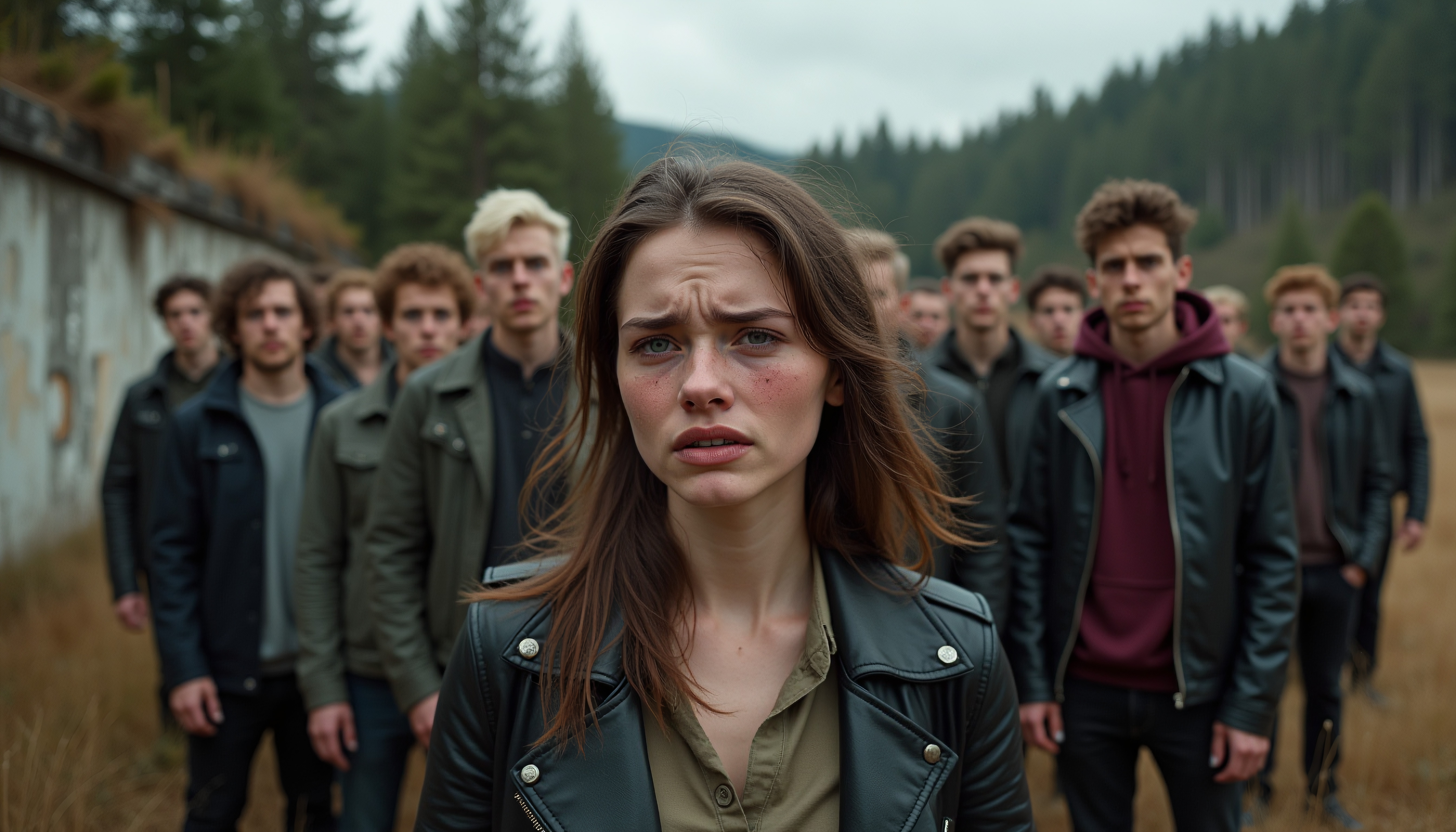 A young woman stands with a group of men in a forest, all wearing leather jackets, creating a suspenseful scene.