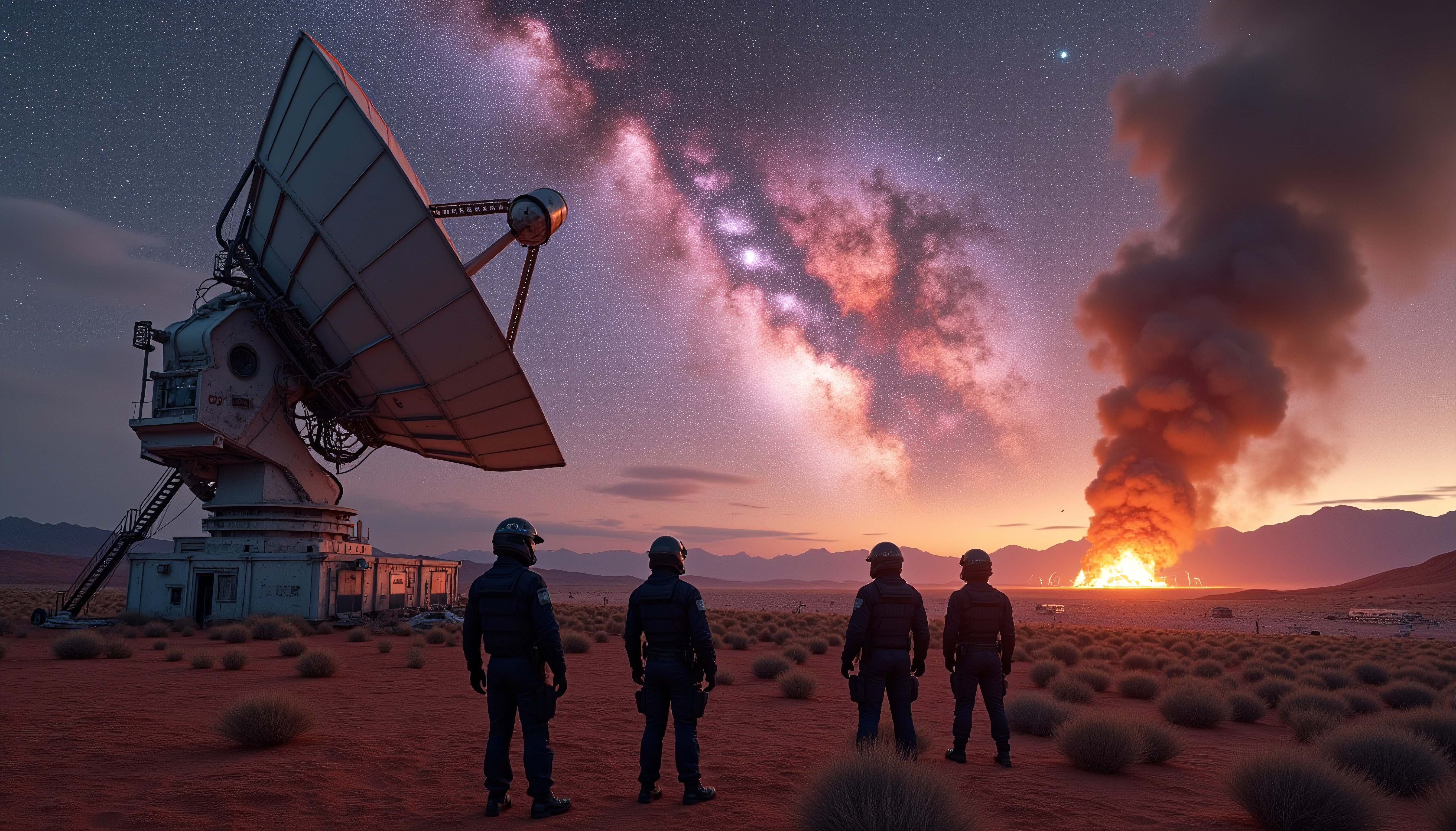 Four figures under night sky with telescope and distant explosion.