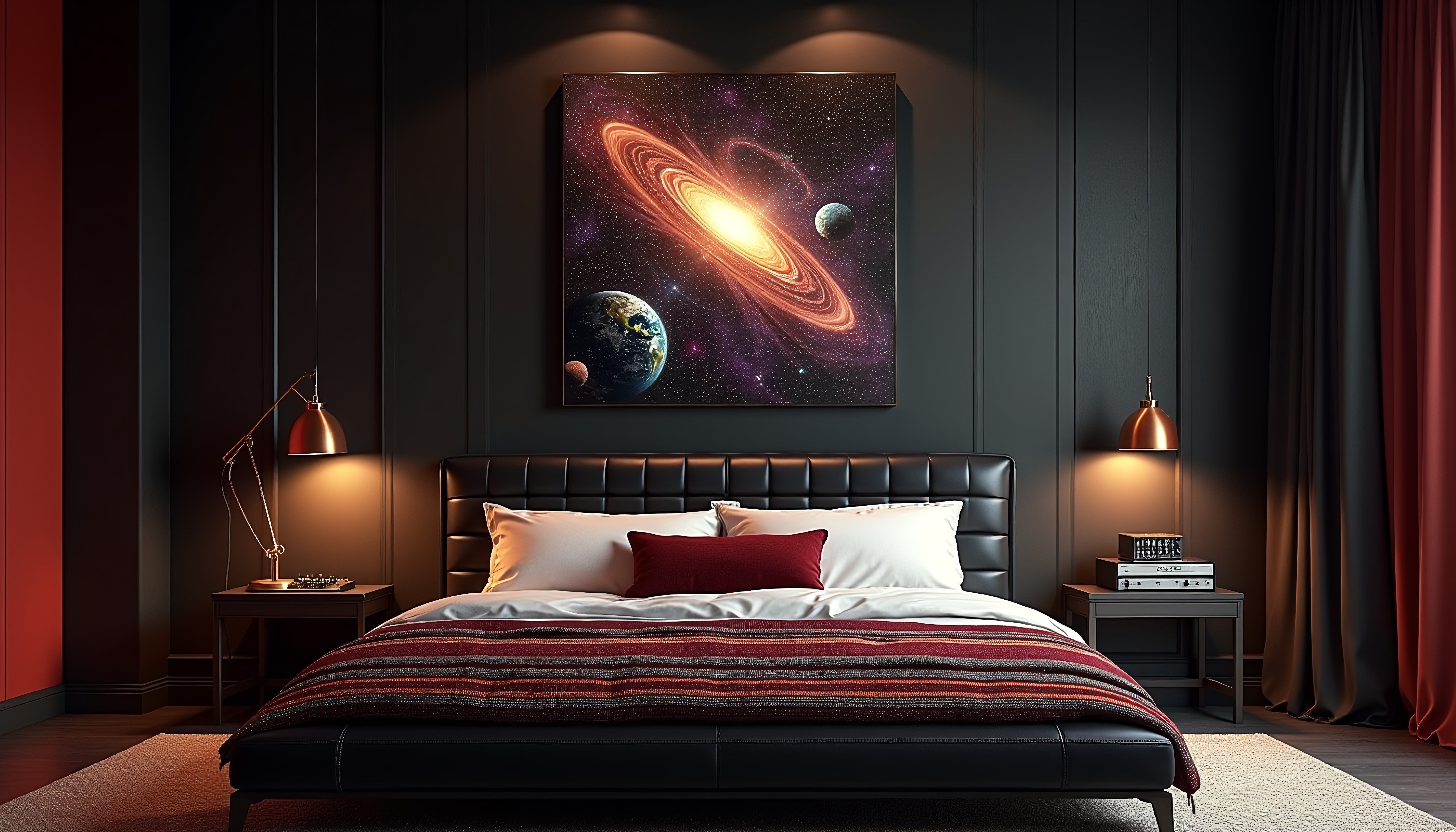 Modern bedroom with cosmic-themed artwork above the bed, featuring black walls, luxurious bedding, and elegant lighting.