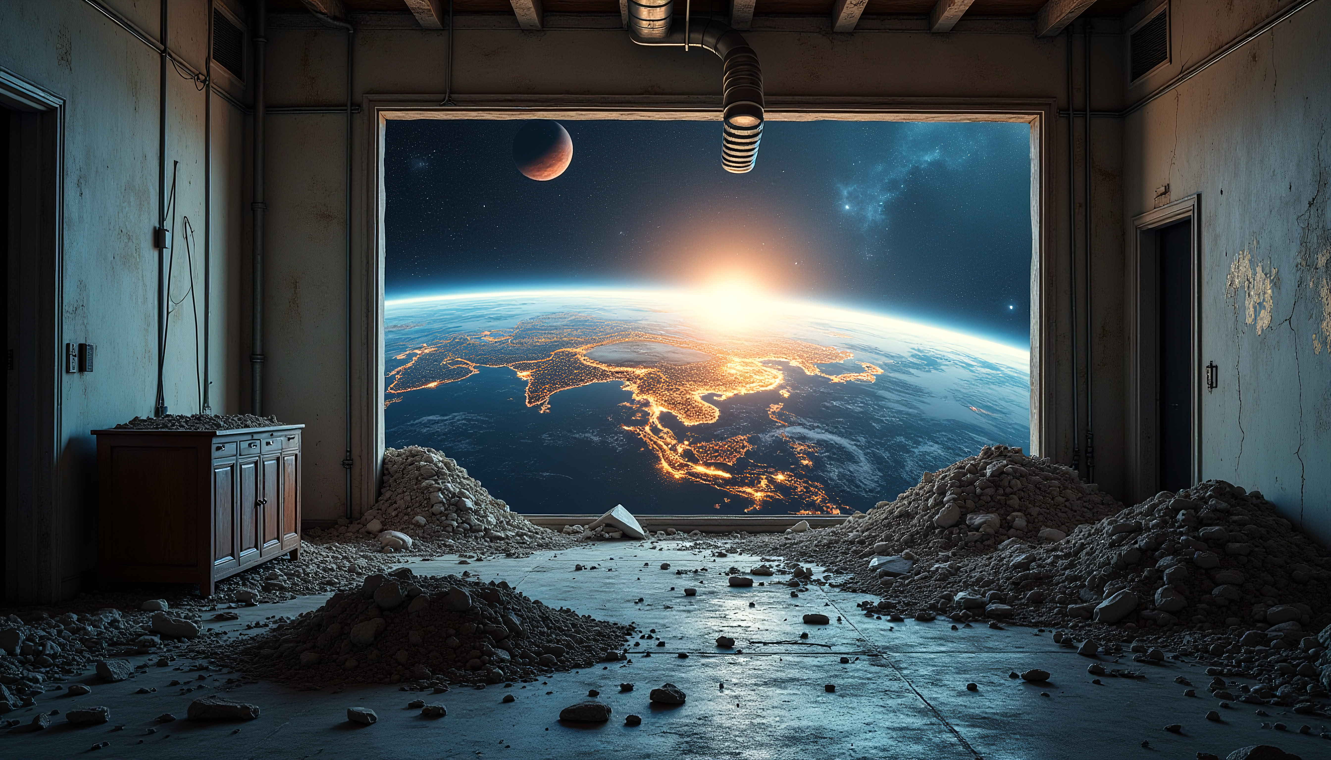 View of Earth from a Sci-Fi Observatory, Featuring Sunset and Ce