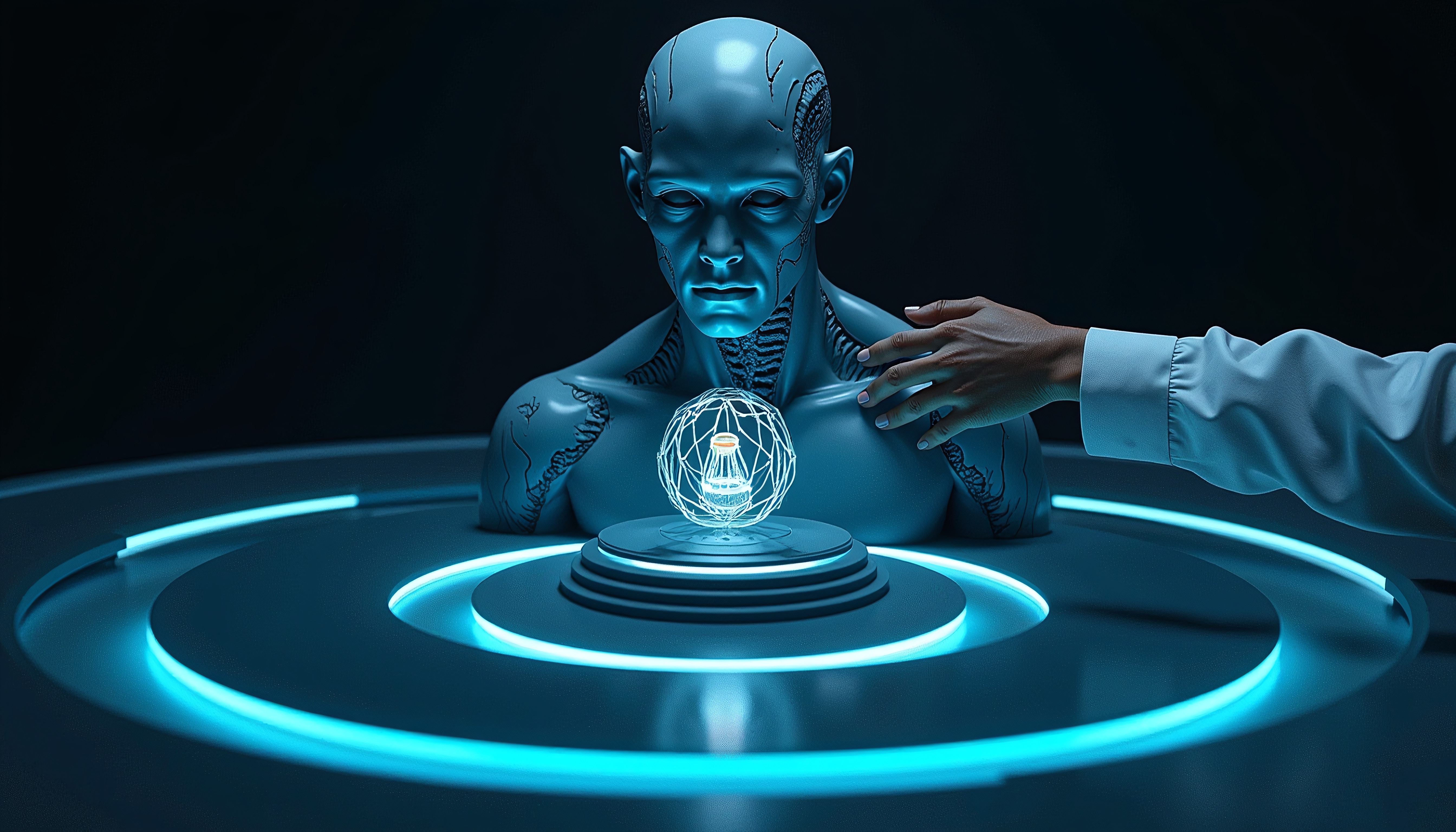 A humanoid interacts with a glowing holographic sphere in a futuristic setting.