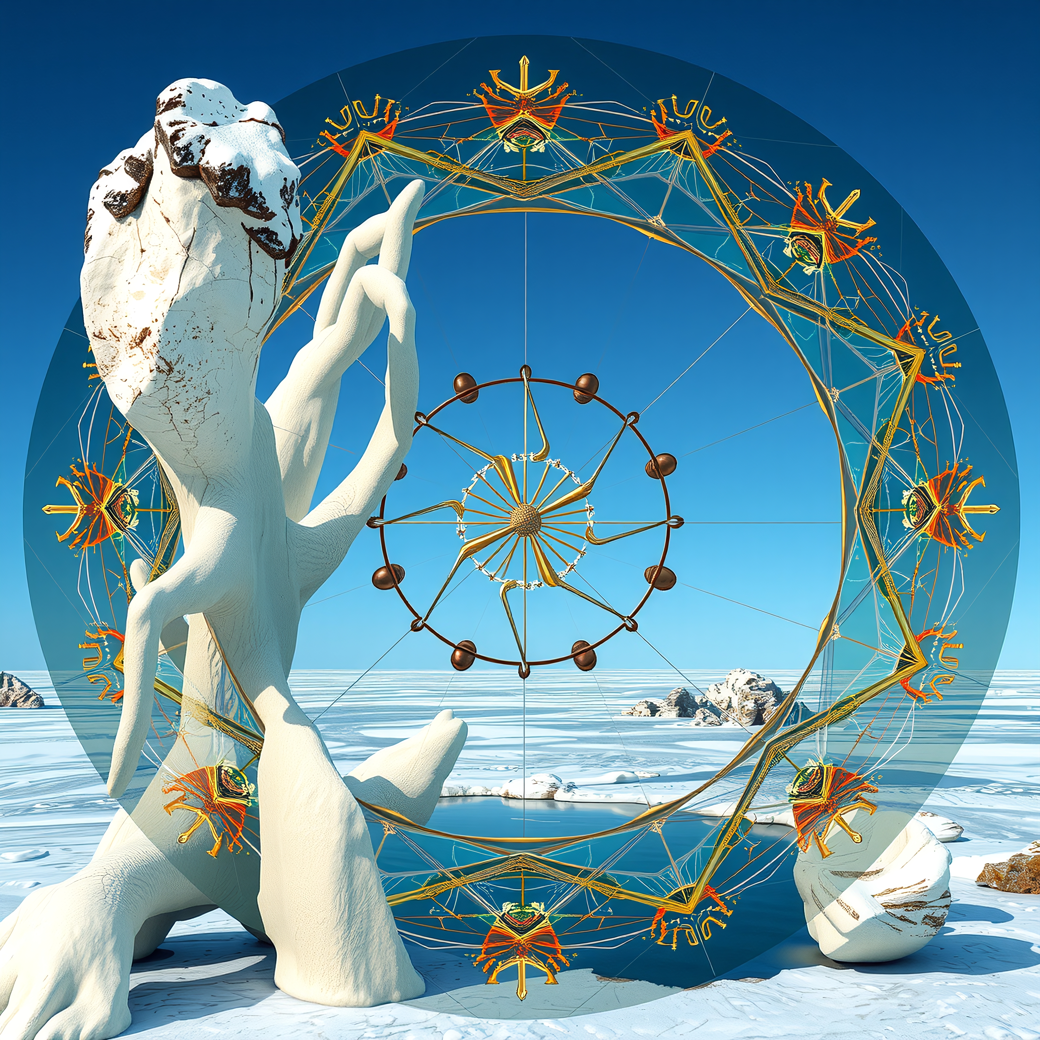 A surreal tree sculpture amidst snowy vistas, encircled by vibrant geometric patterns, under a clear blue sky.