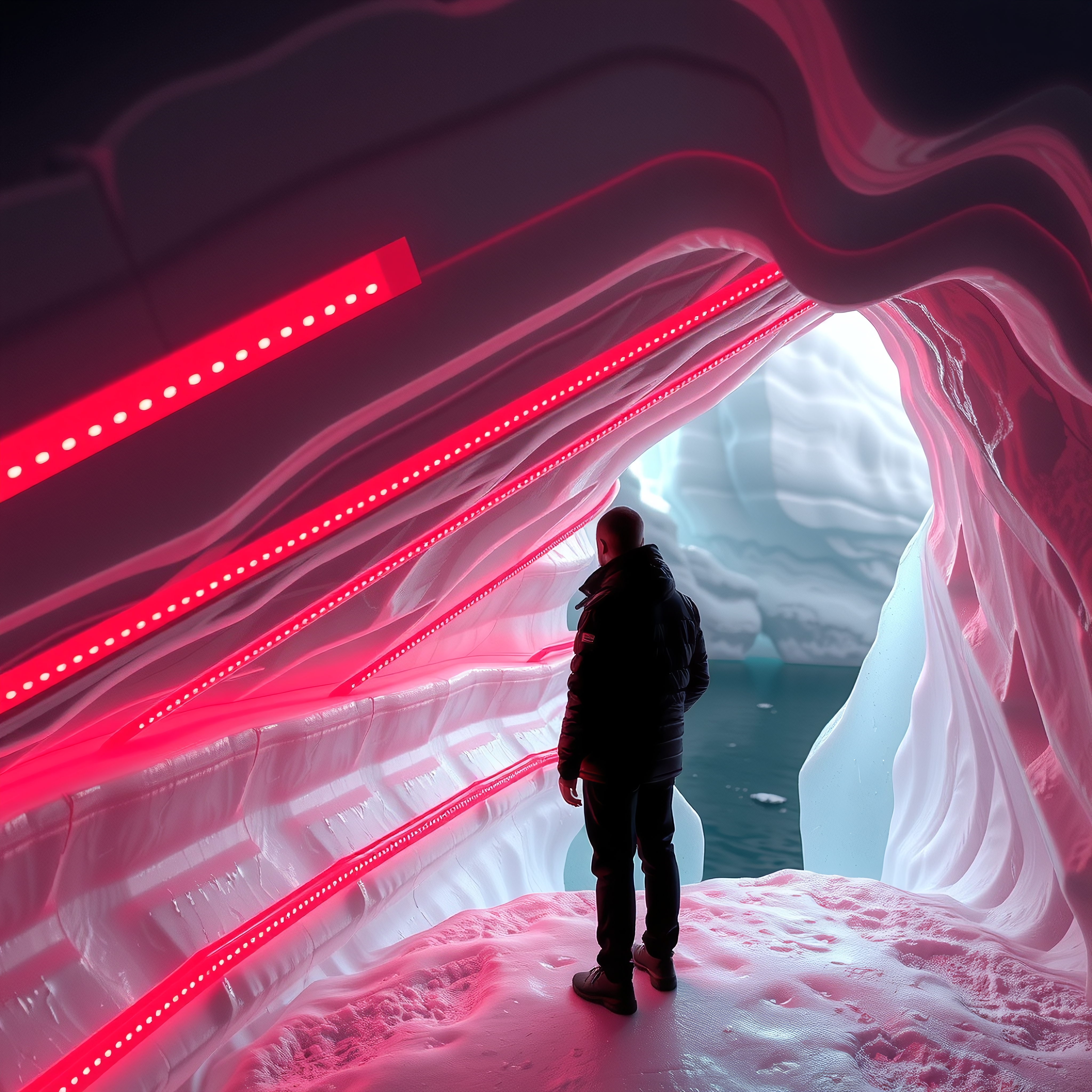 Person exploring a vibrant ice cave illuminated with pink LED lights, contrasting a serene icy landscape outside.