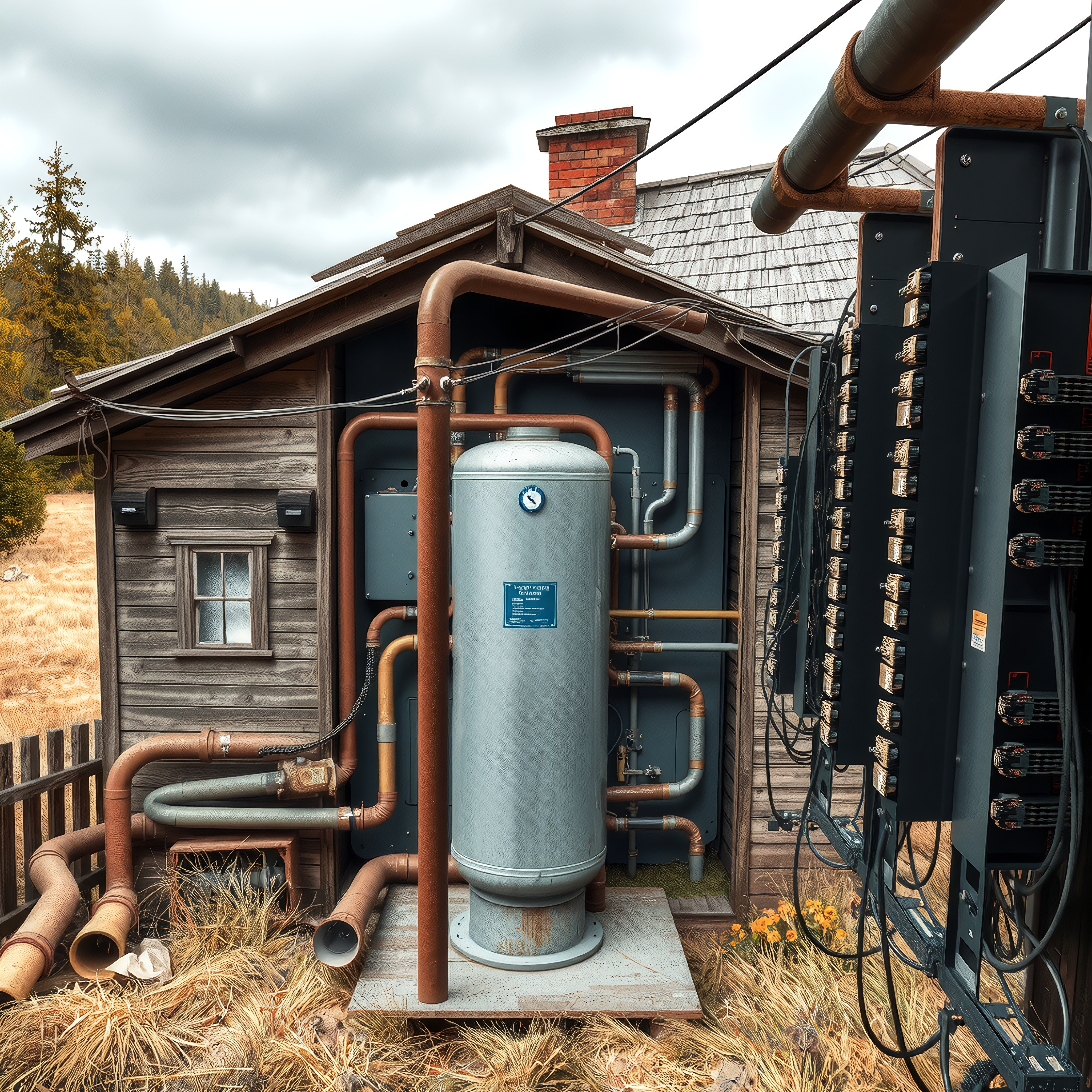 Rustic wooden shed with industrial equipment and pipes in a rural setting.