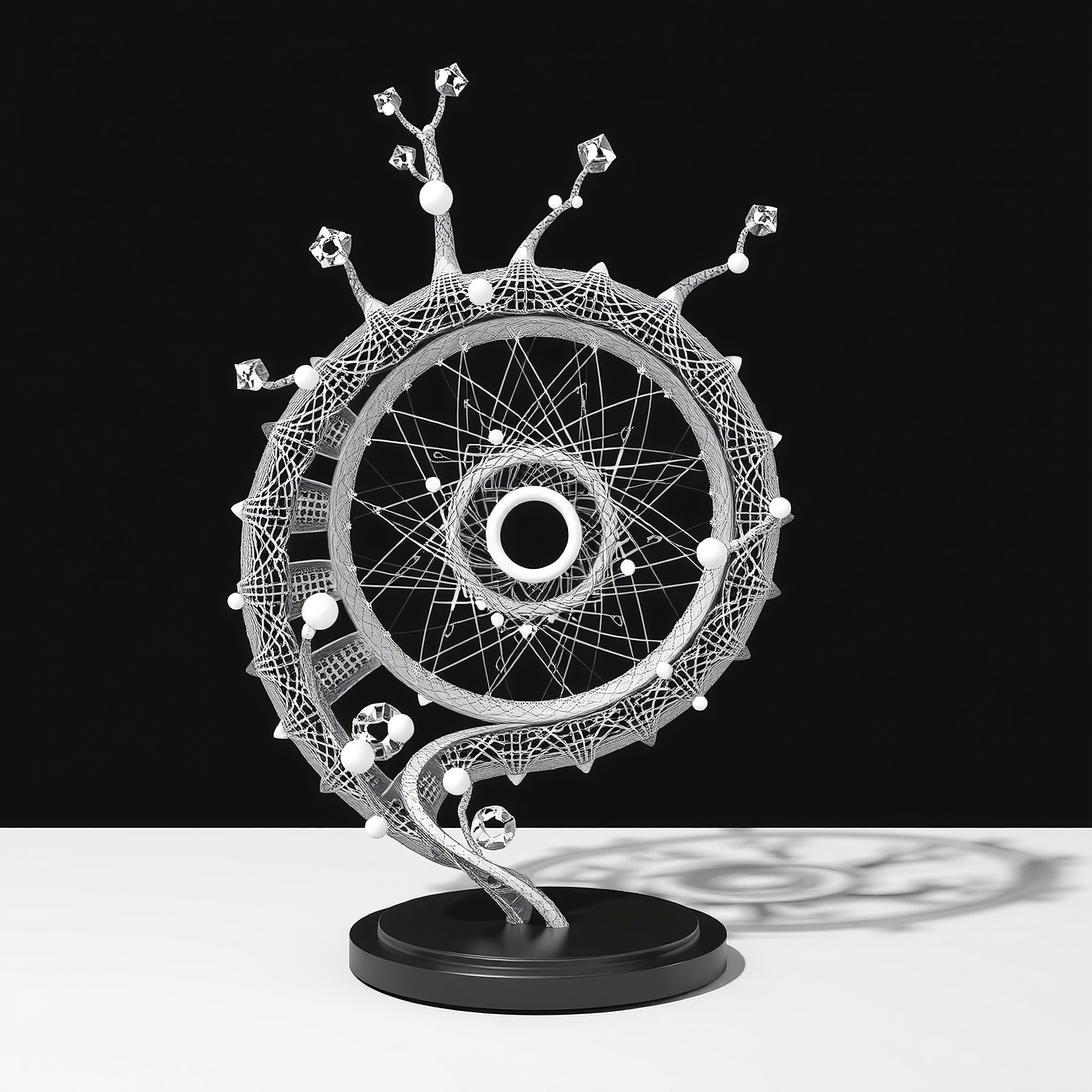 Abstract geometric sculpture with intricate circular design, featuring spherical elements and metal framework on a black base.
