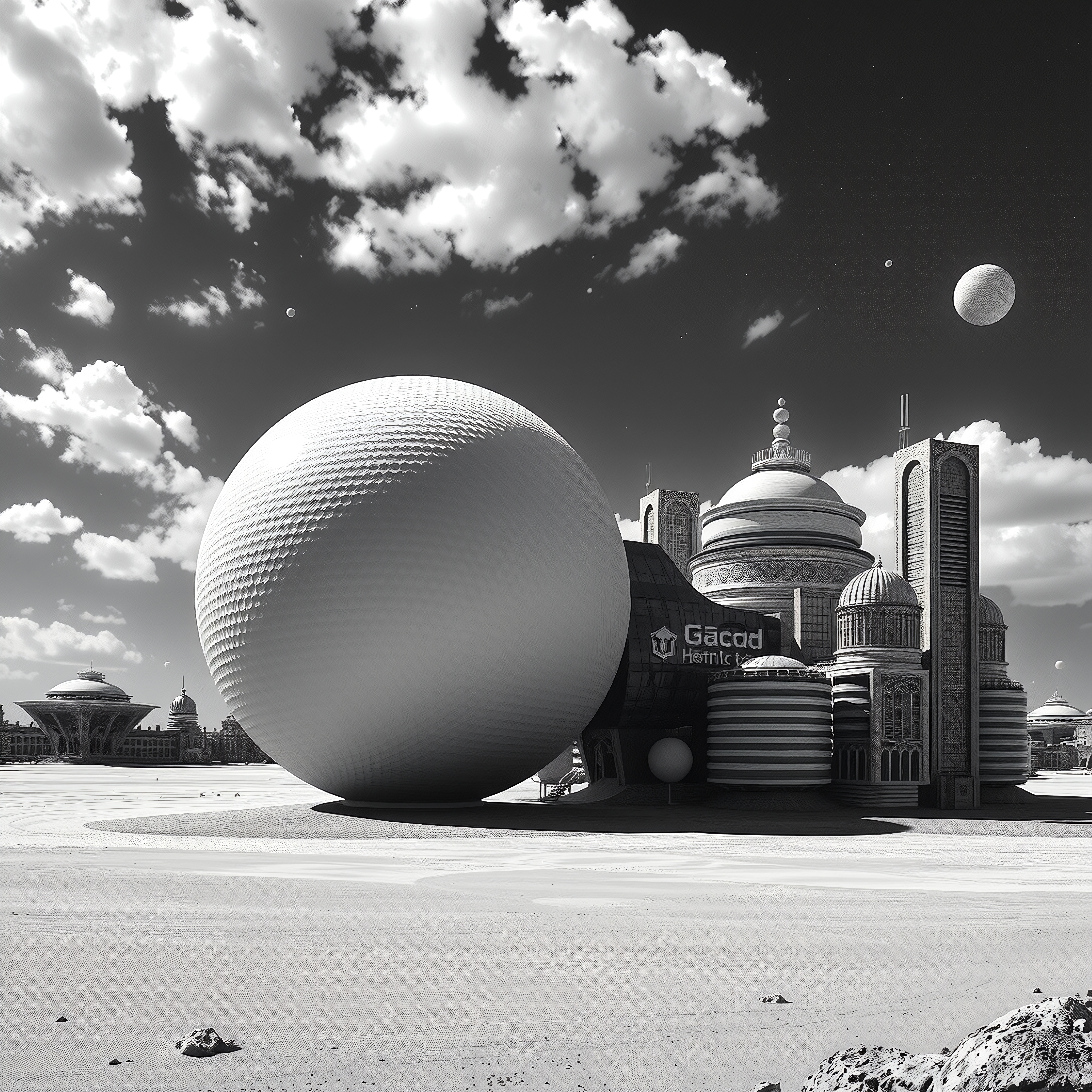 Futuristic cityscape with massive sphere architecture.