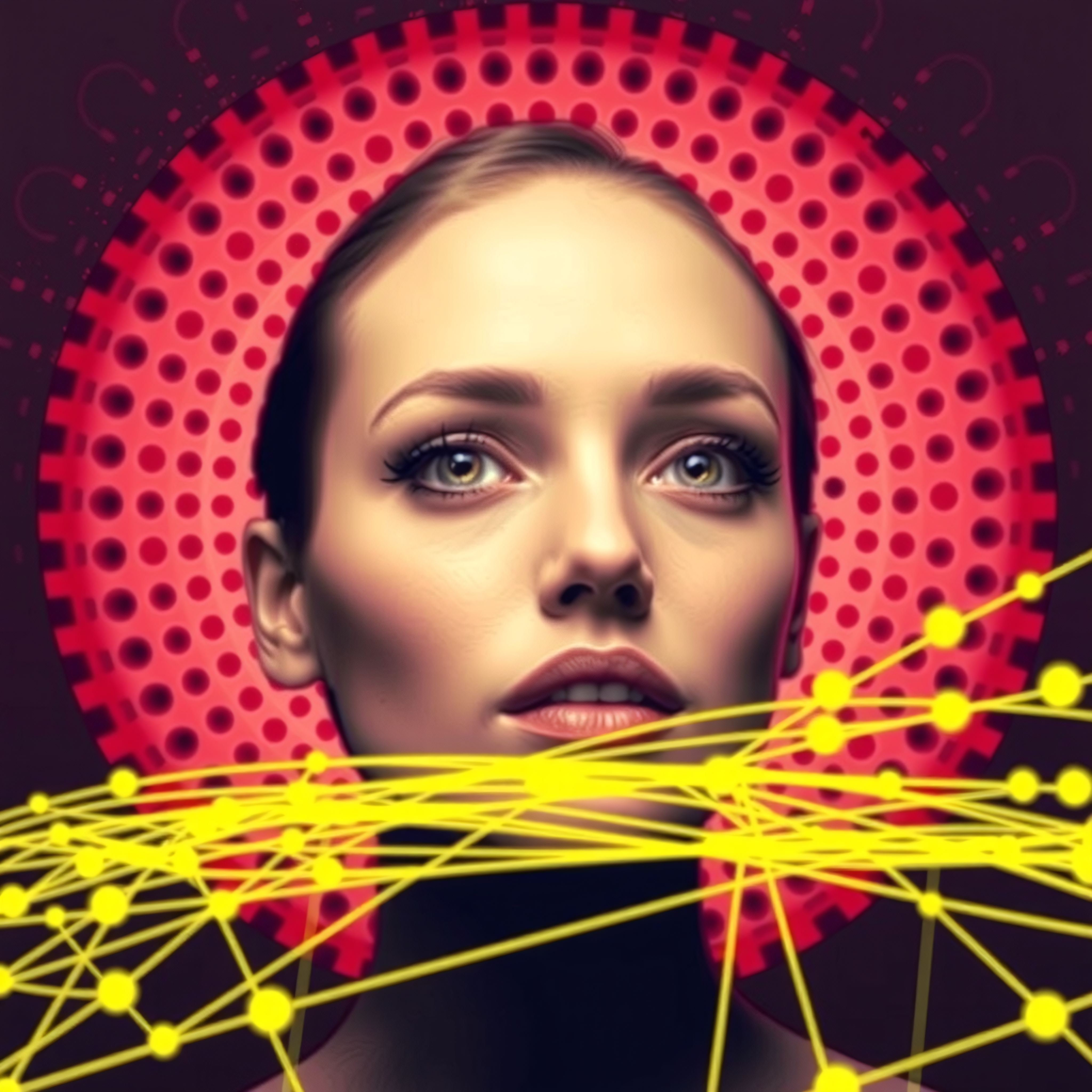 A woman framed by a circular design with yellow network lines overlay, depicting the fusion of technology and humanity.