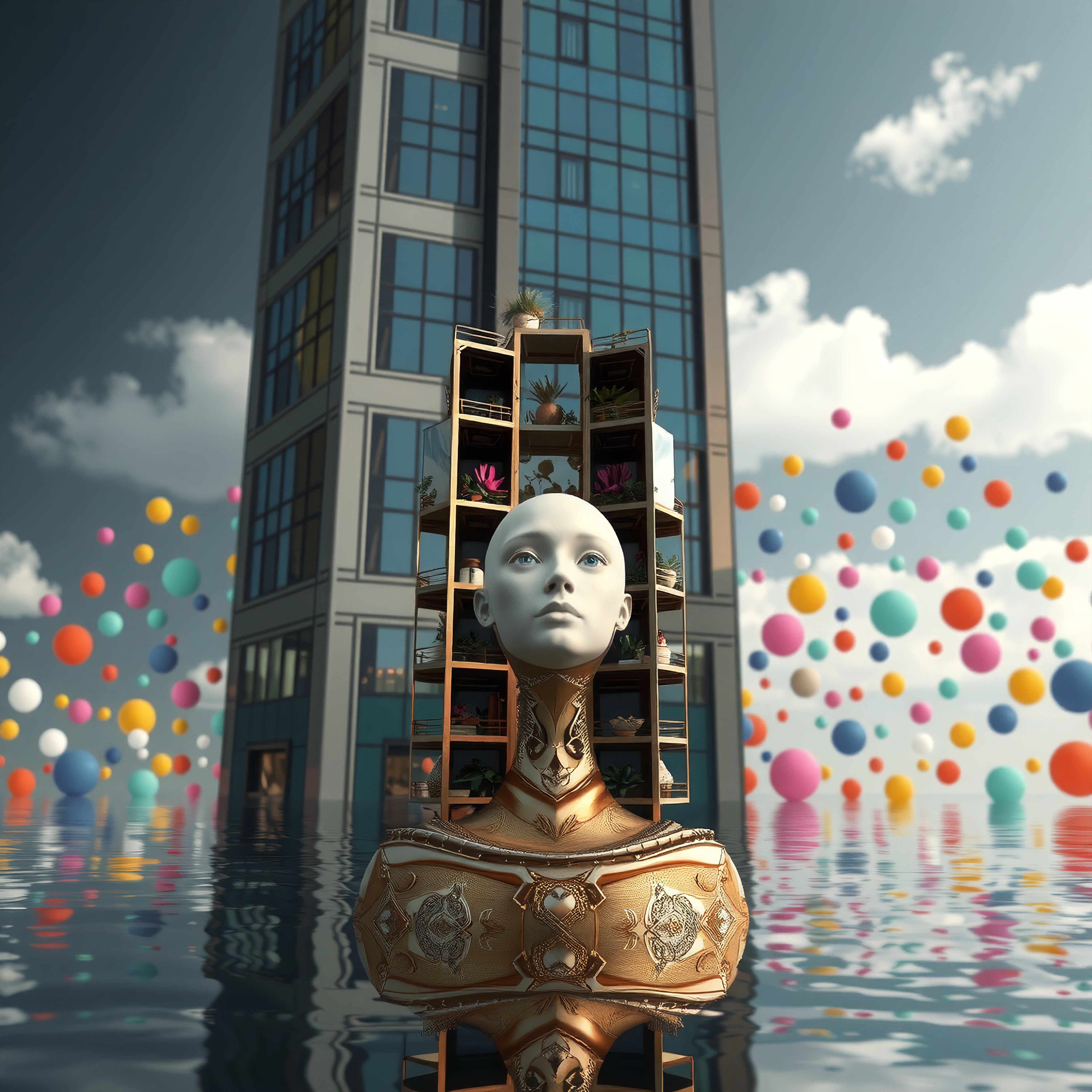 Surreal Portrait: Head Sculpture Reflecting Urban Architecture A