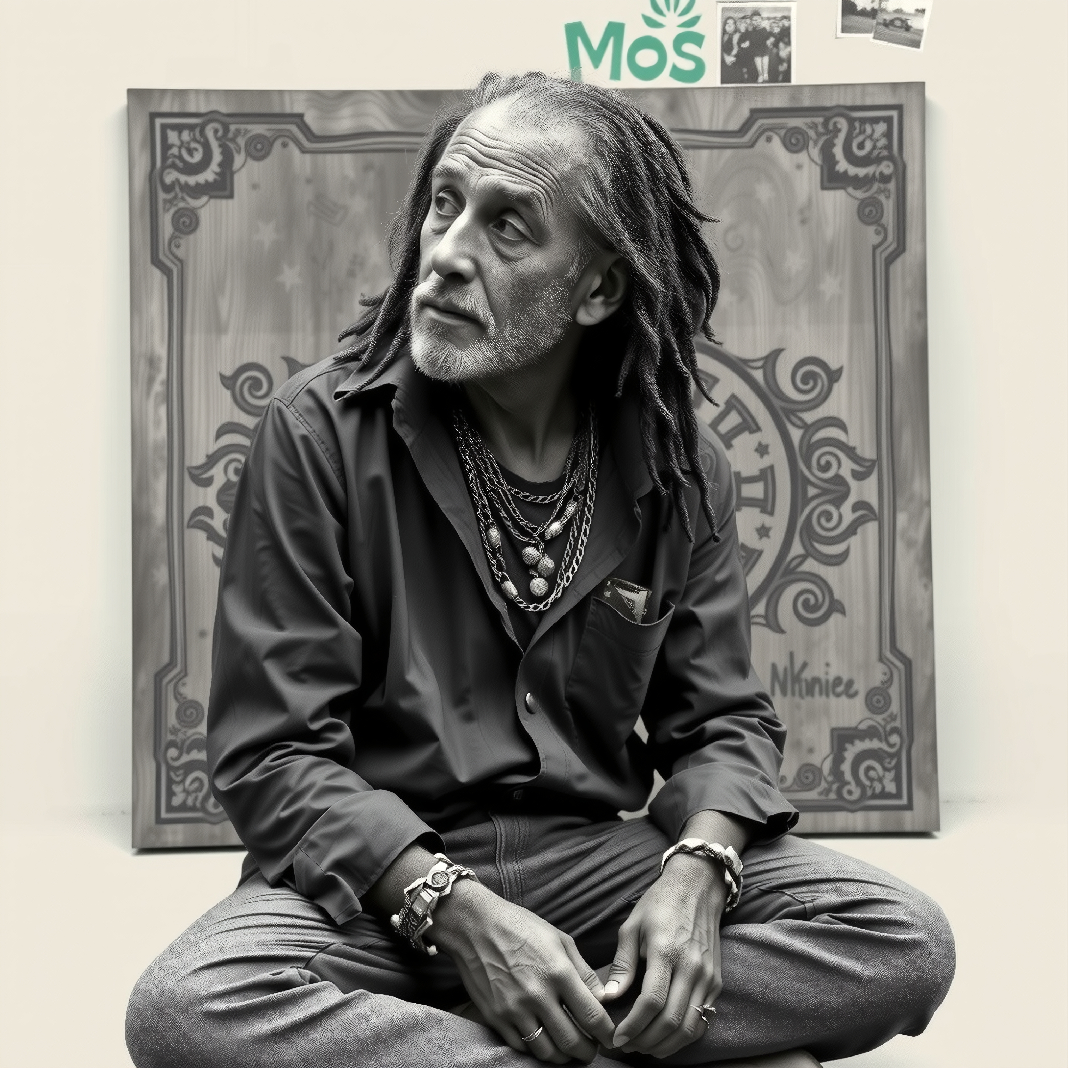 A thoughtful man with dreadlocks and jewelry sits in front of an ornate wooden panel.