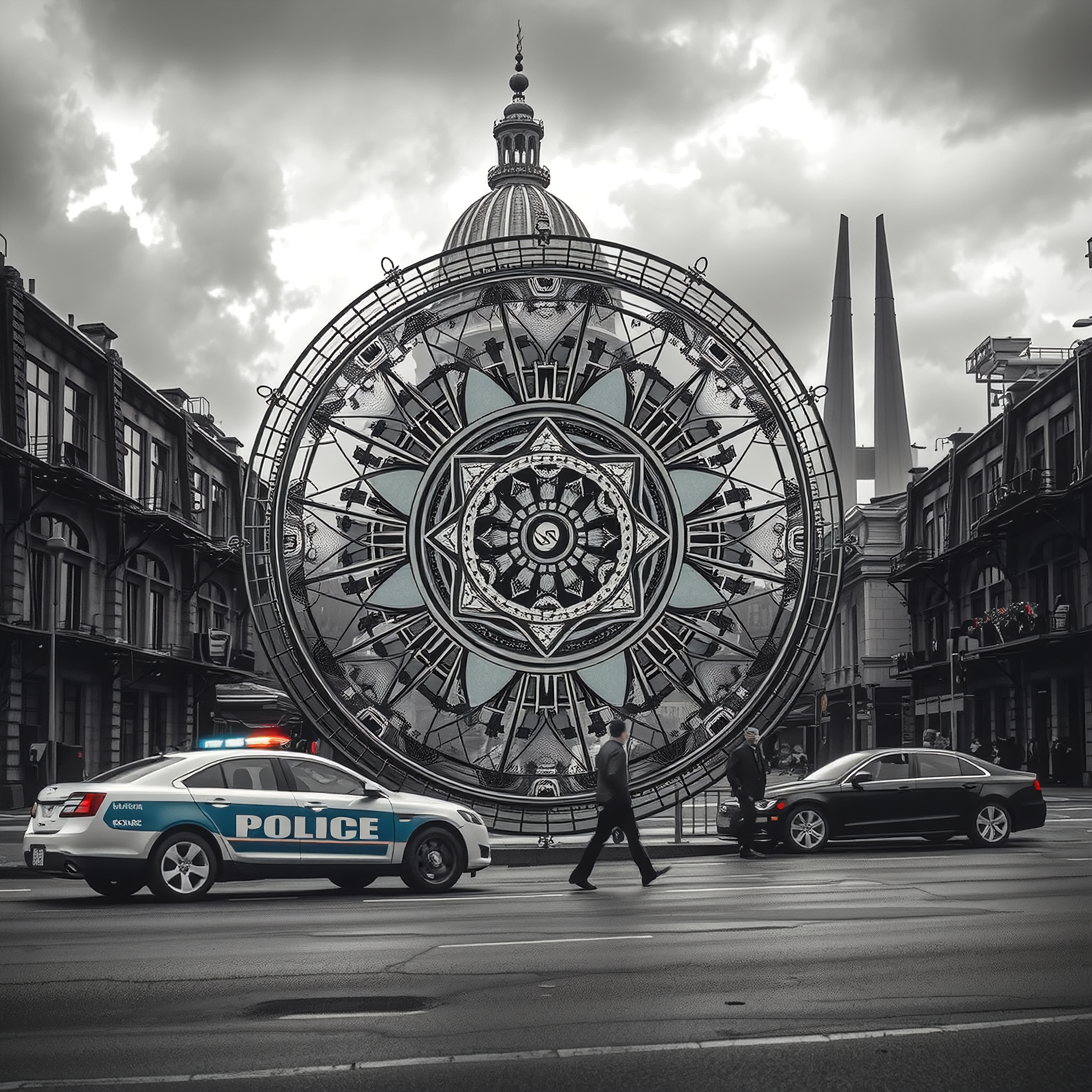A massive mandala overlooks city traffic.