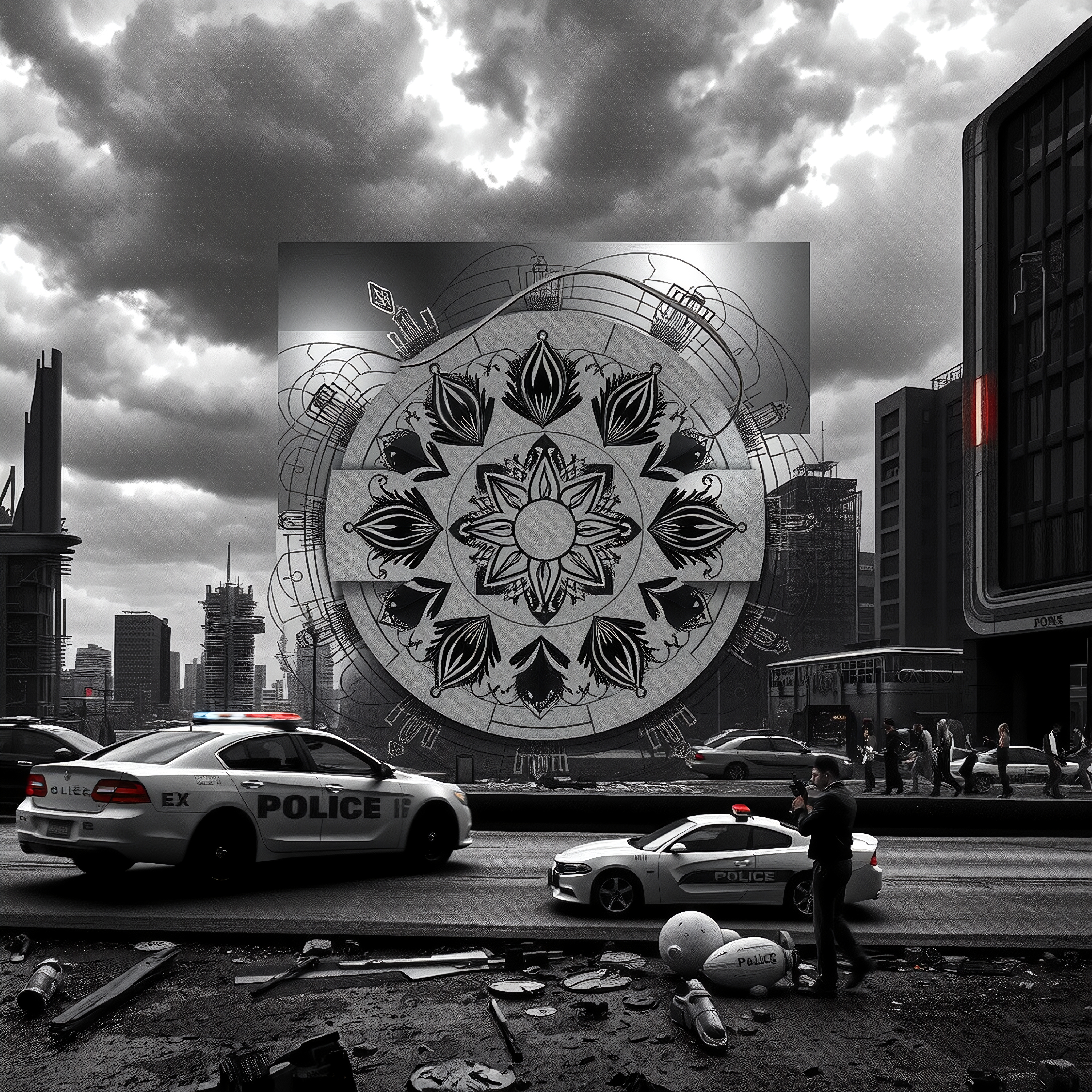Futuristic police chase amid shattered city ruins beneath stormy skies