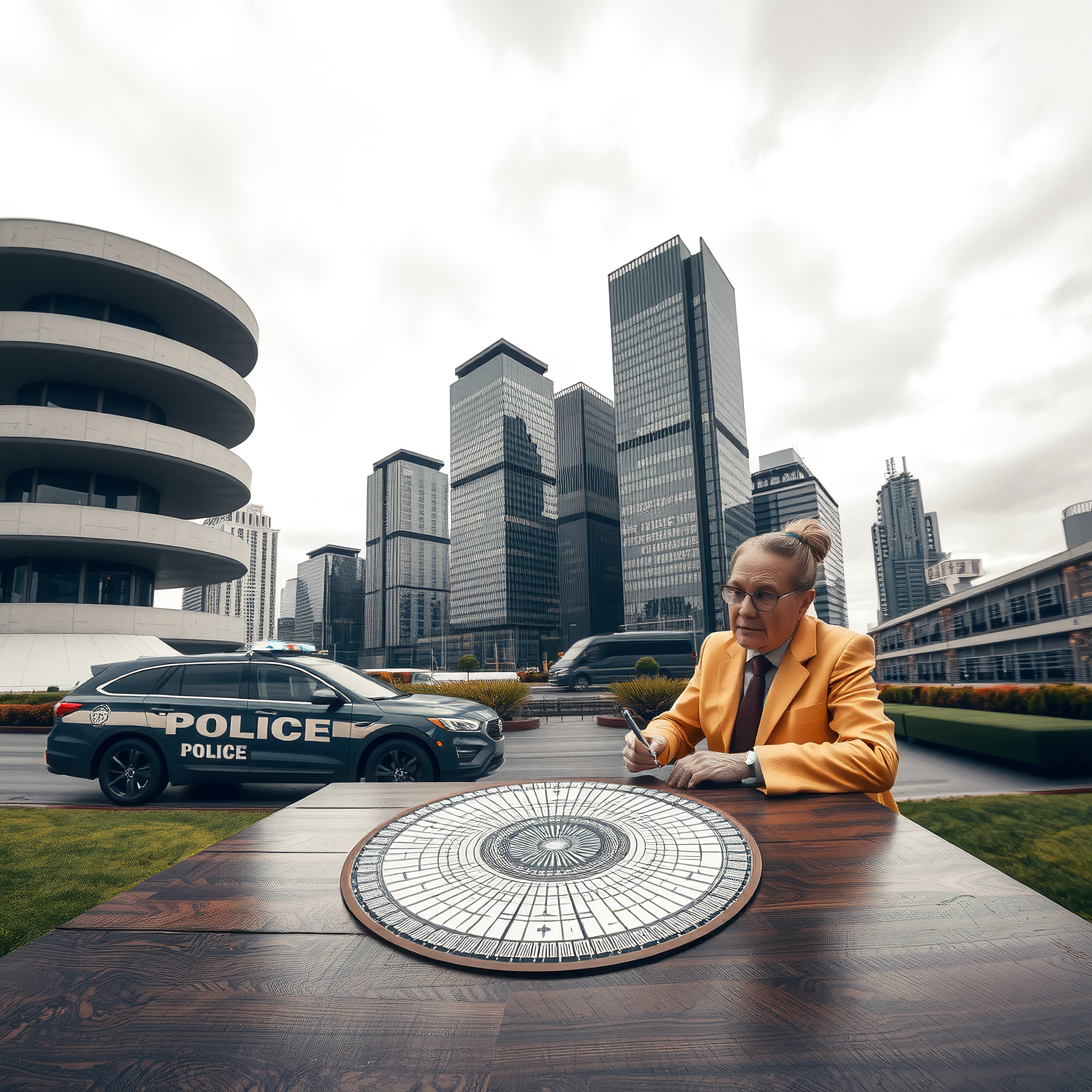 A person in a yellow blazer examines a chart at an outdoor table in a modern urban setting with a police car and skyscrapers in the background.