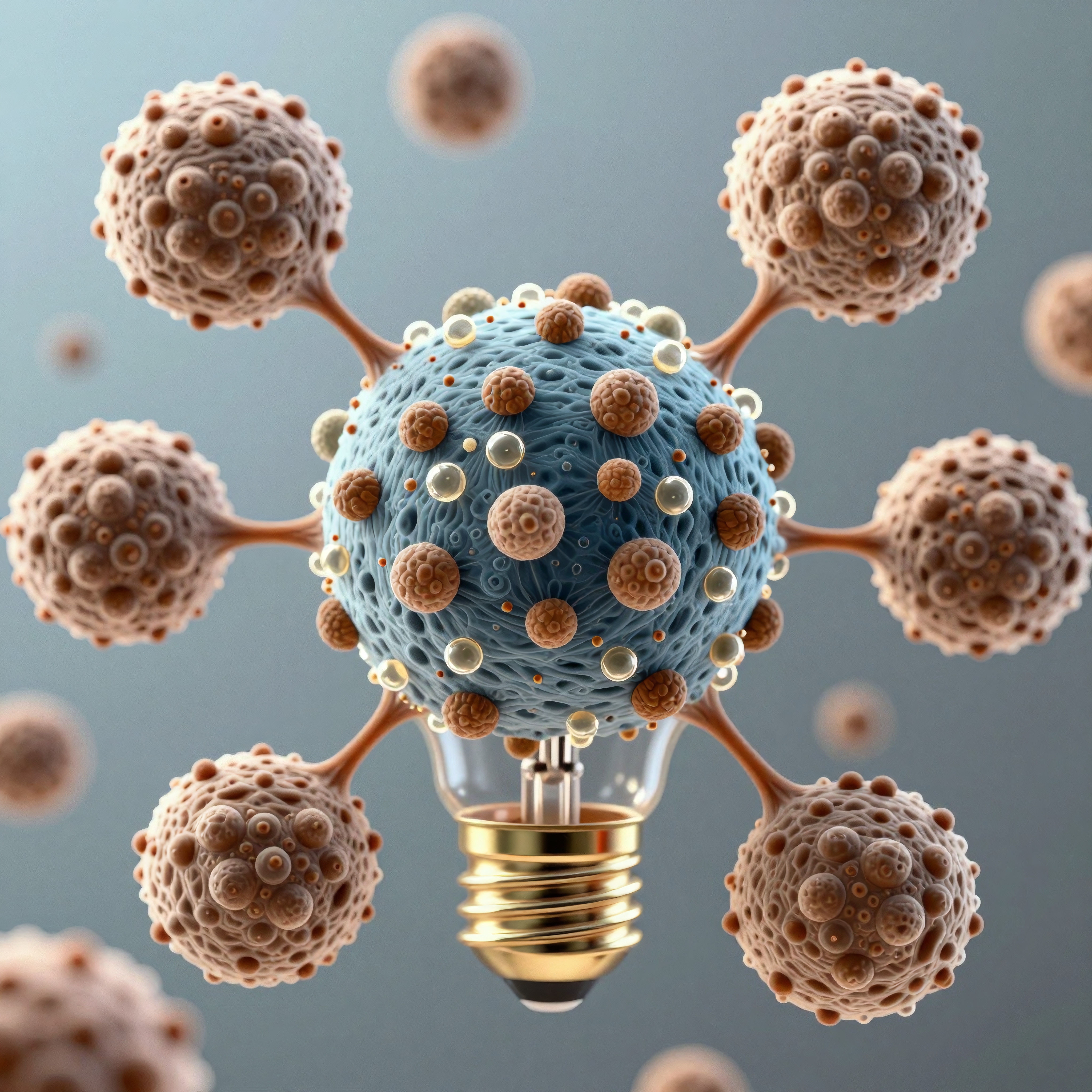 Illustration of a lightbulb intertwined with cellular forms.