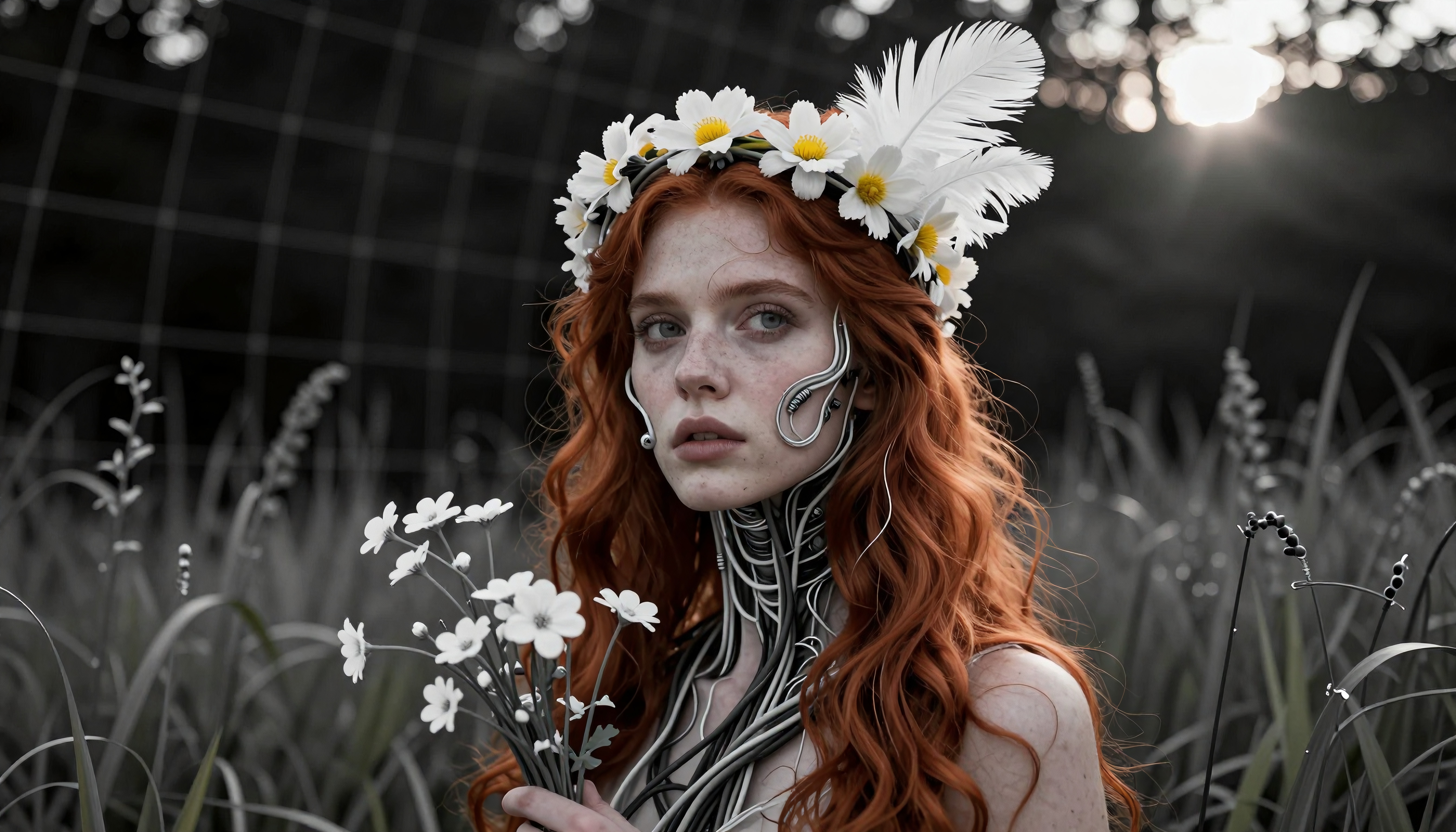 Young woman with red hair in a field, wearing a daisy and feather crown, holding flowers, with metallic face and neck adornments.