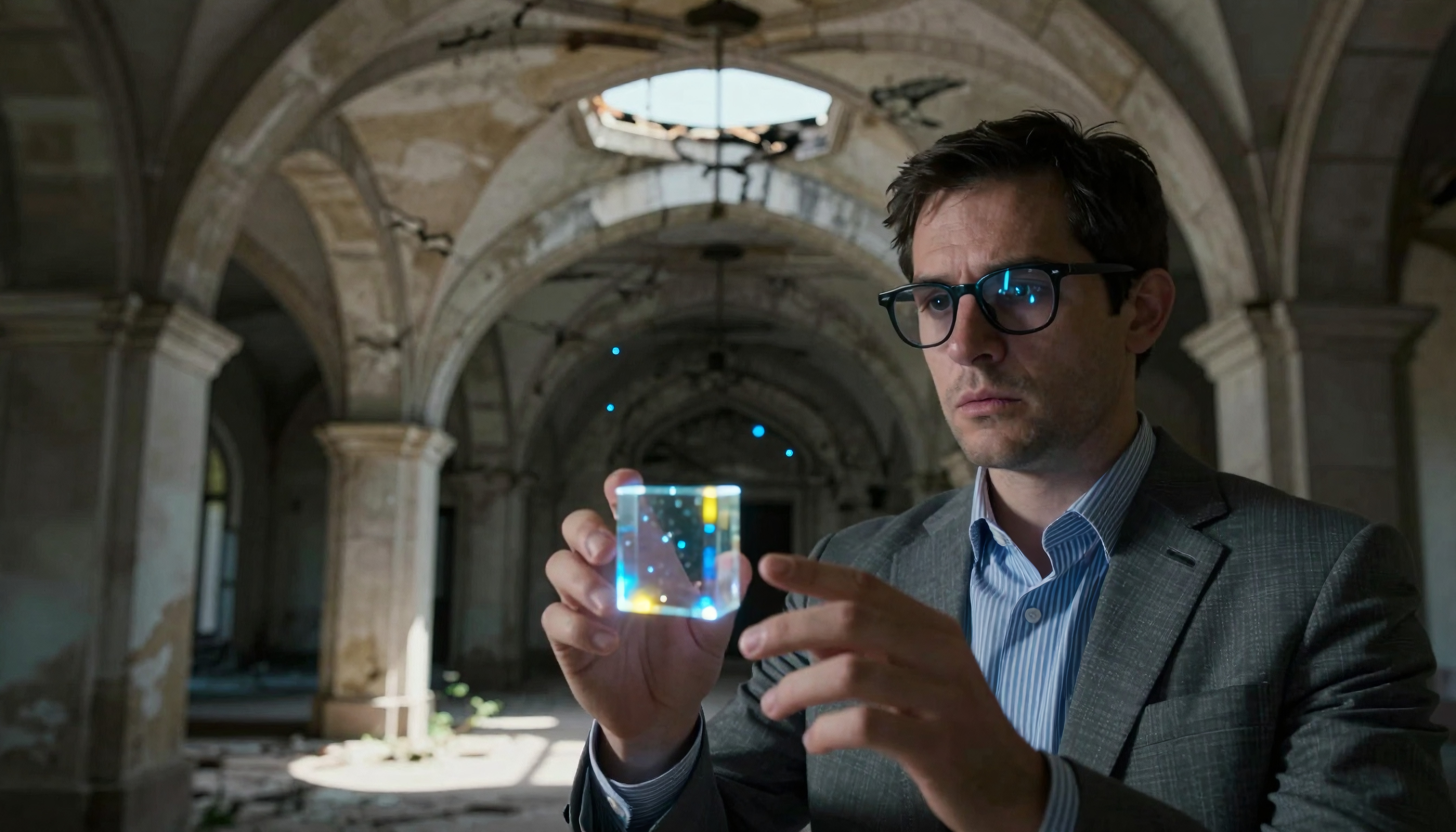 A man in an abandoned hall examines a glowing cube, blending modern technology with classical architecture.