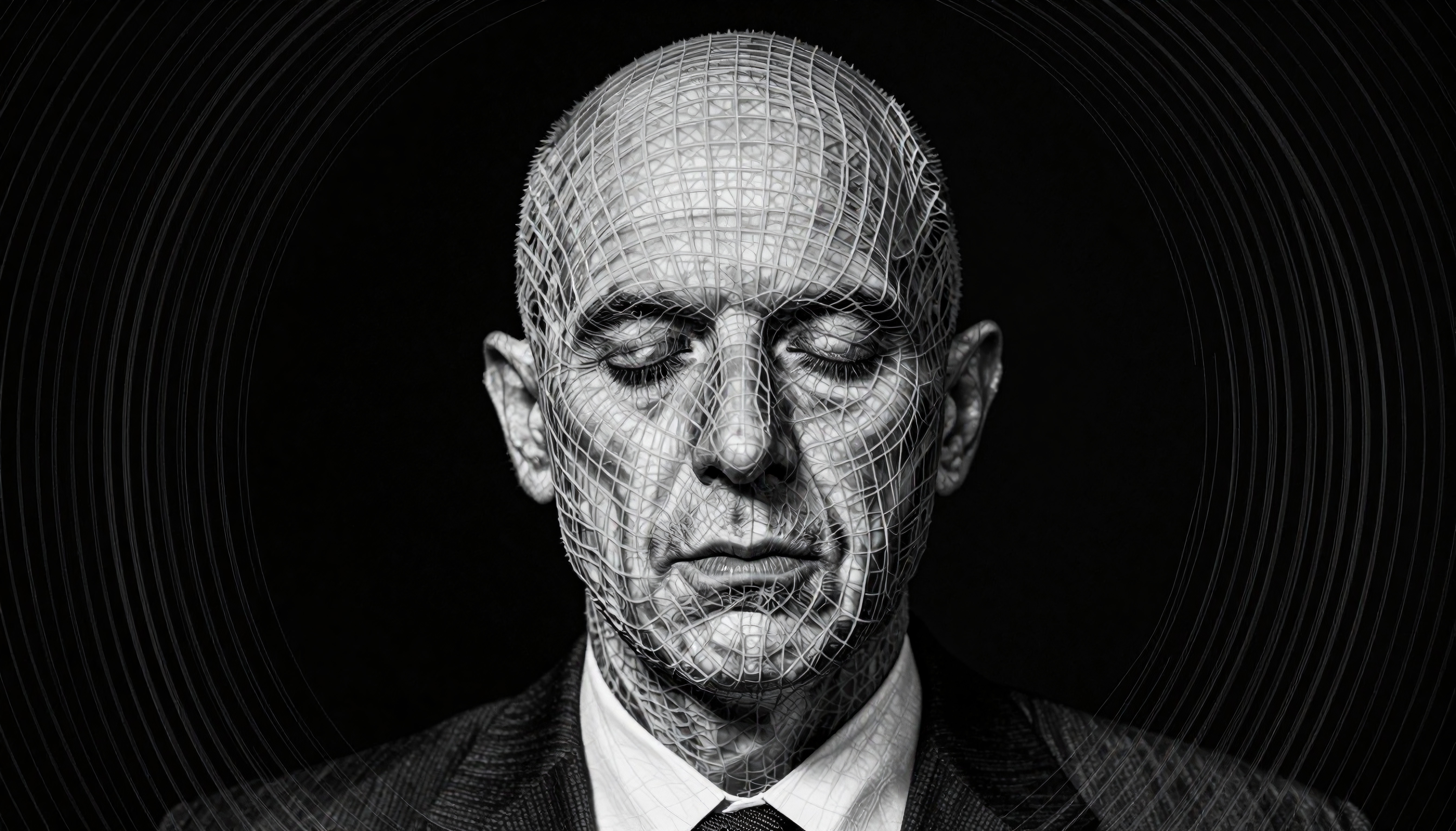 A contemplative bald man with wireframe overlay on face in black and white.