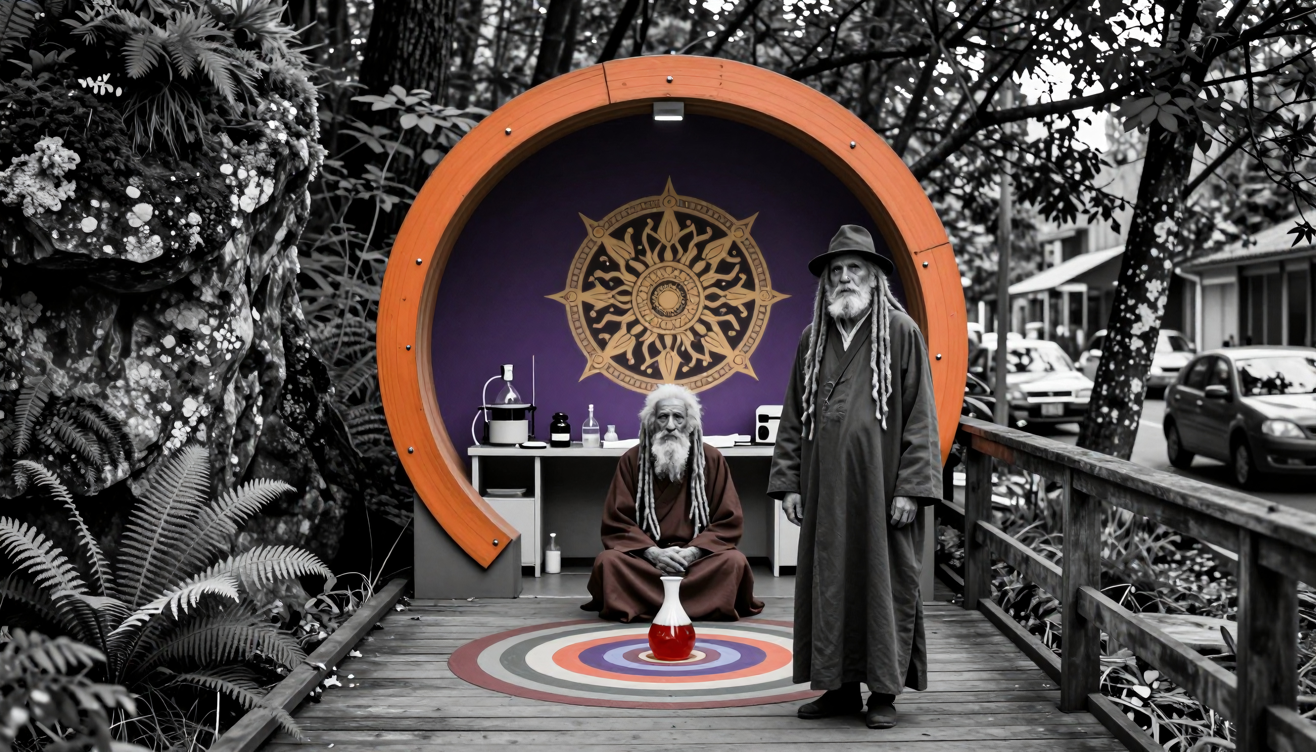 Elderly mystics in robes surrounded by nature.