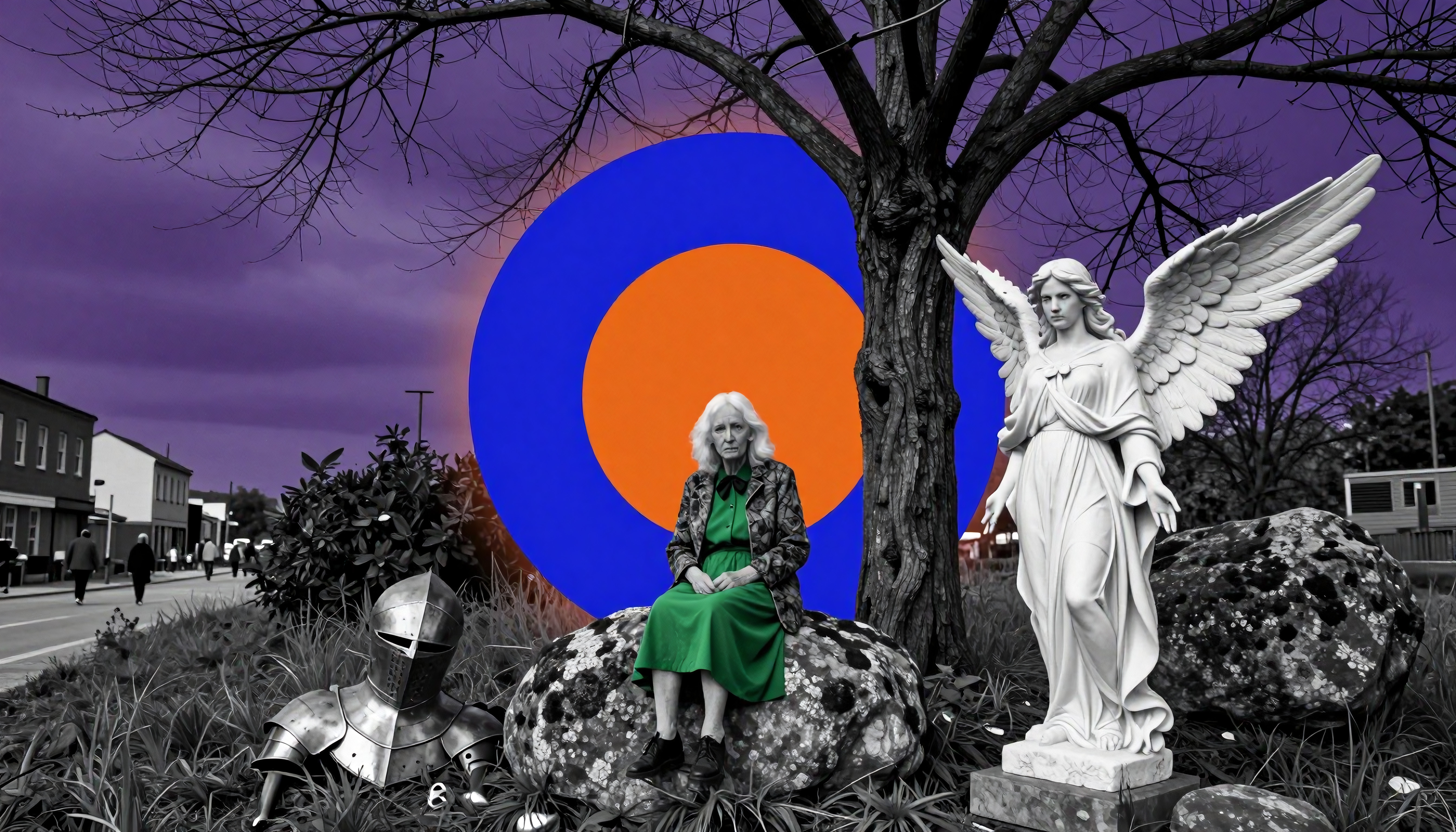 Surreal Urban Scene with Angel Statue, Knight, and Colored Circu
