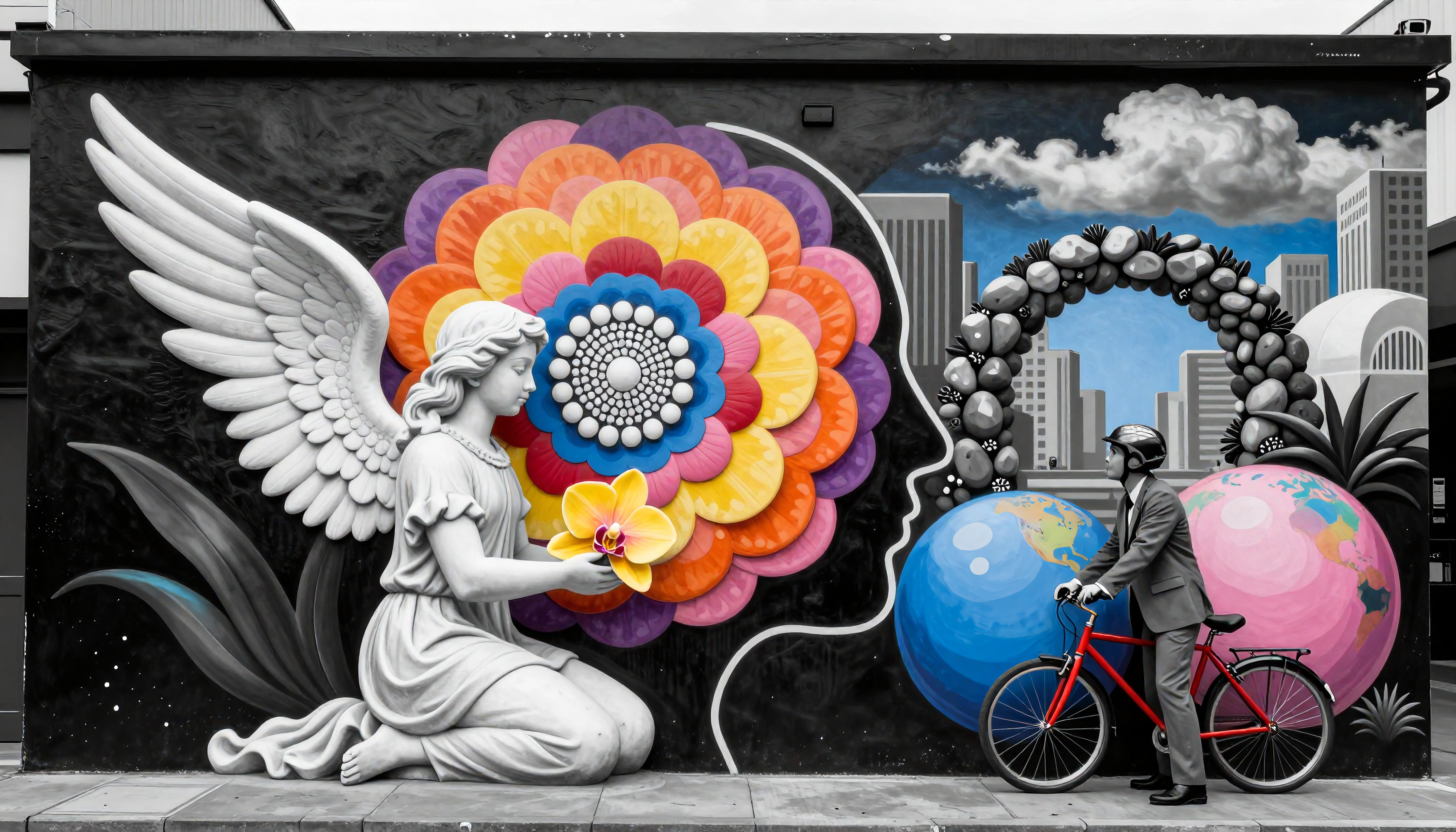 Urban Mural with Angel Statue, Cyclist, and Global Globes