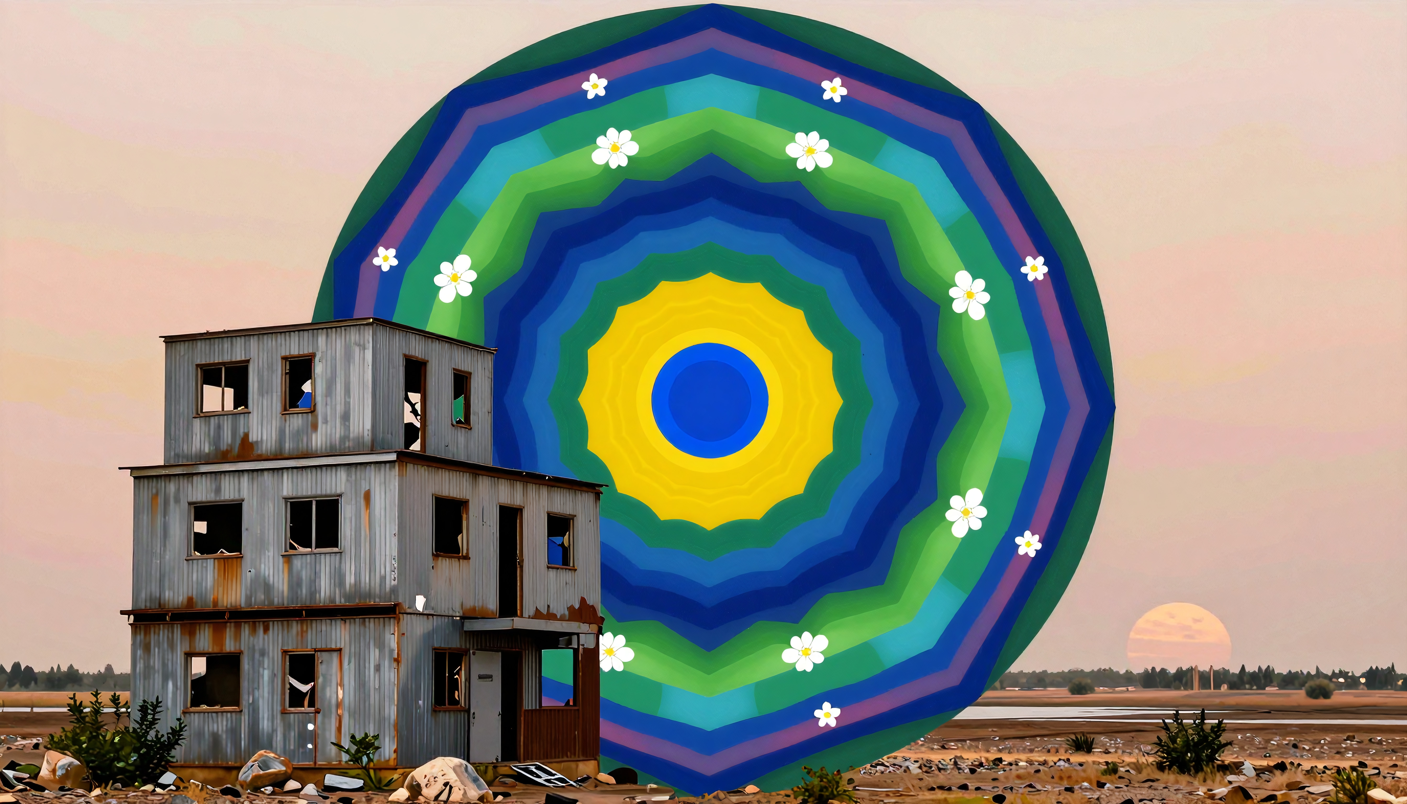 A vibrant, surreal mandala juxtaposed with an abandoned, rusty building under a pastel sunset.