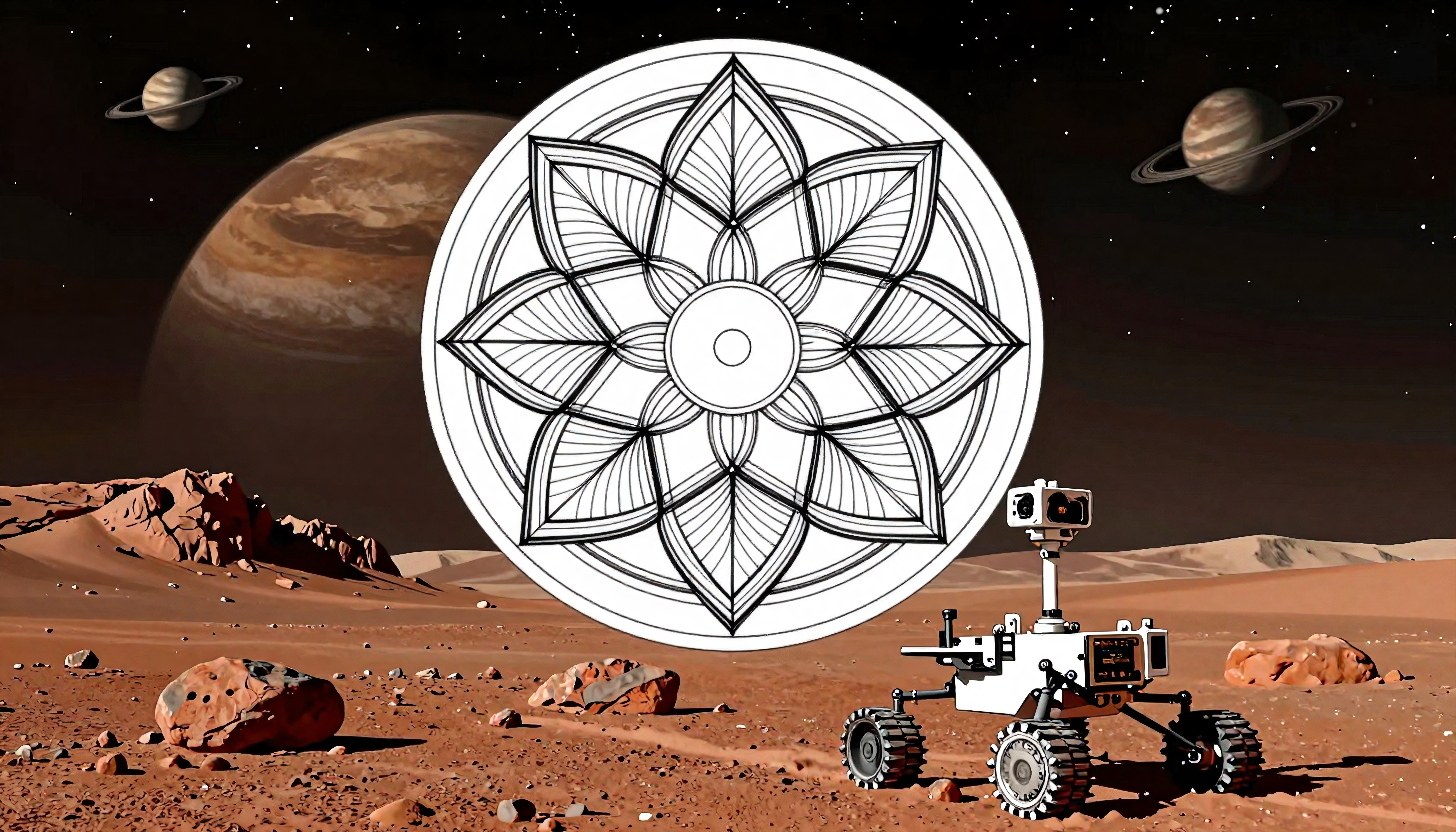 A rover explores Mars beneath a starry sky with a mandala overlay, illustrating technology and mysticism in space.