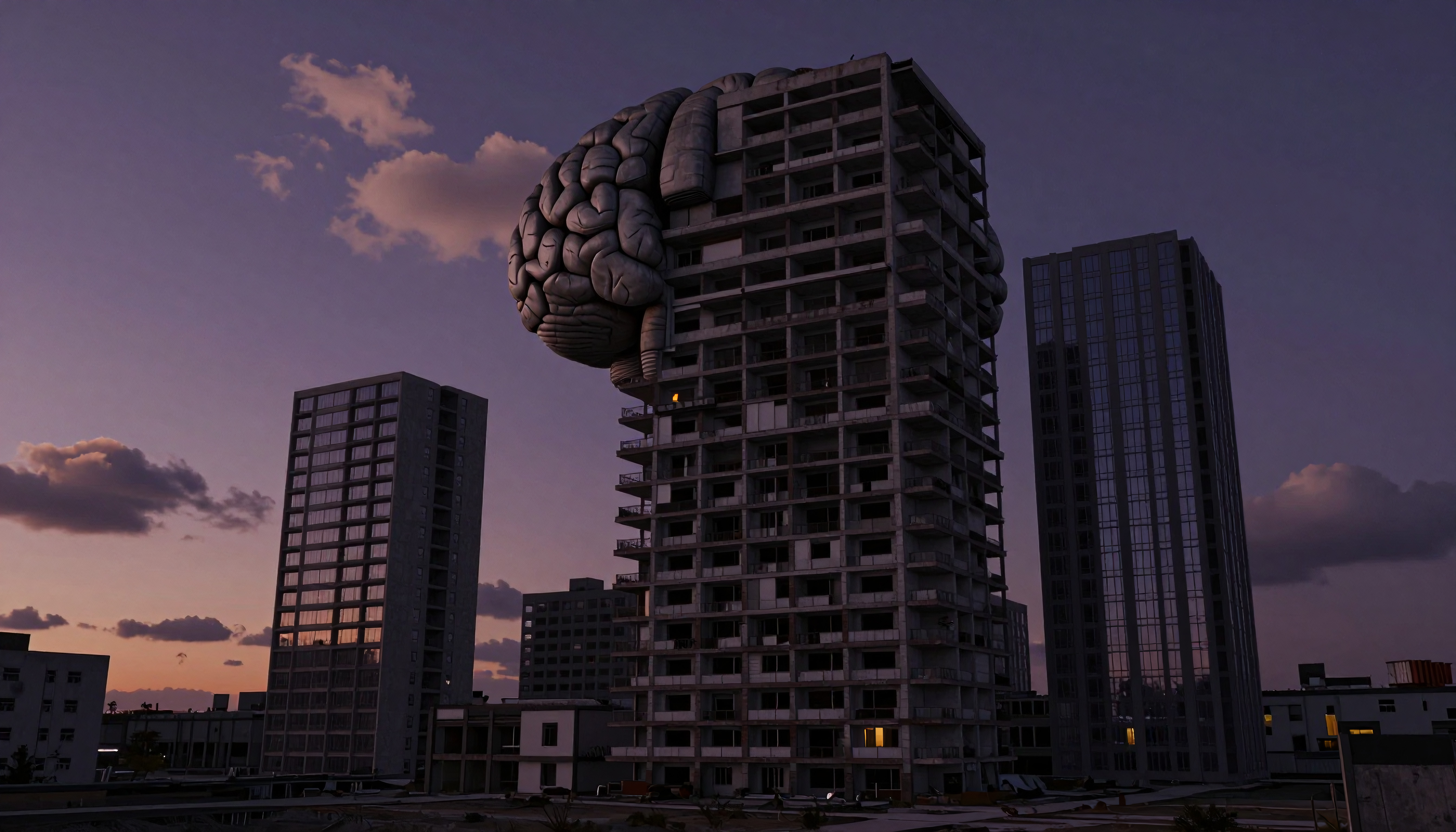 Futuristic cityscape featuring a unique, brain-shaped skyscraper