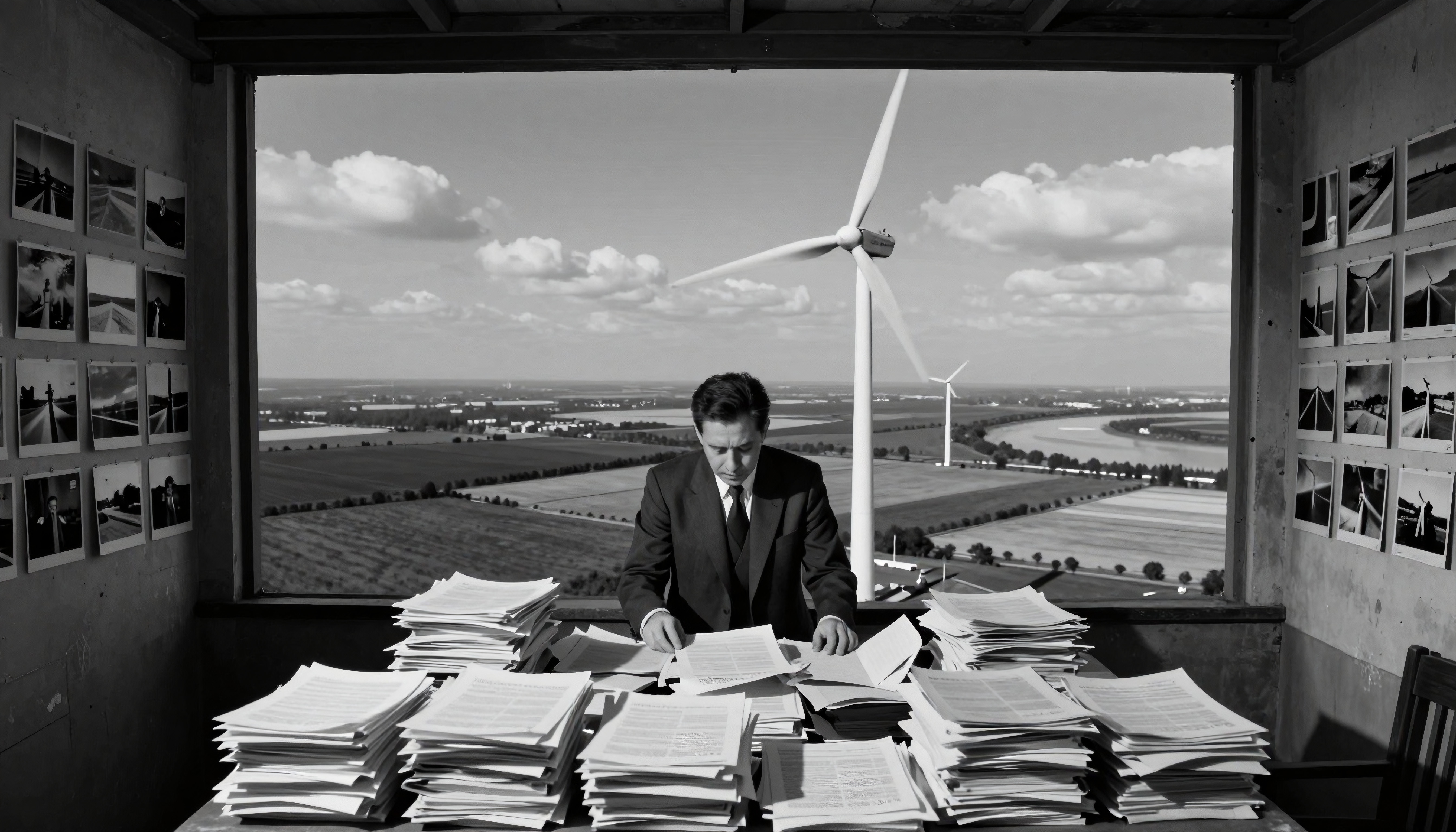 A businessman examining papers in an office with a view of wind turbines and an expansive landscape.
