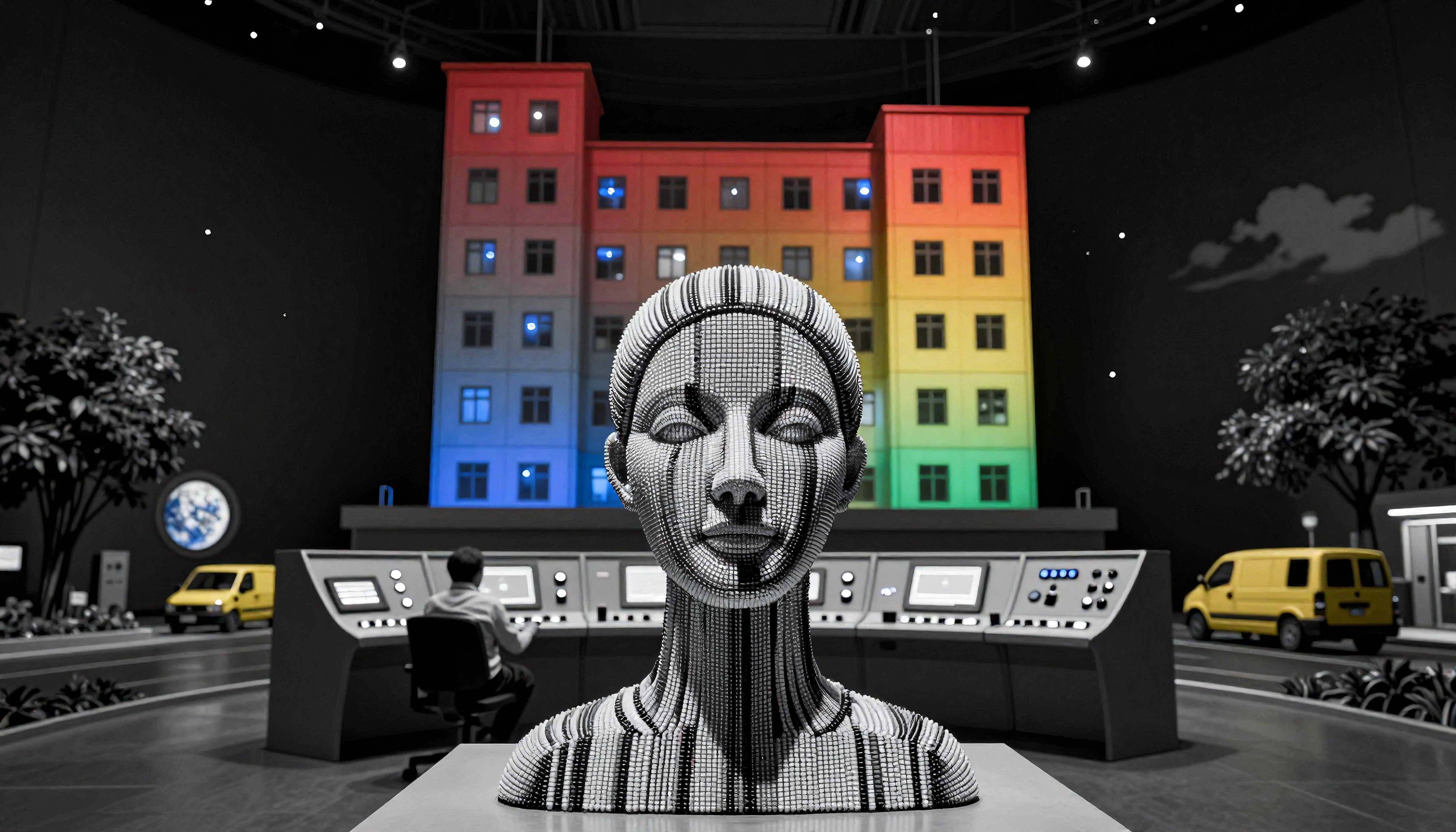 Rainbow Building and Digital Sculpture in Futuristic Control Roo