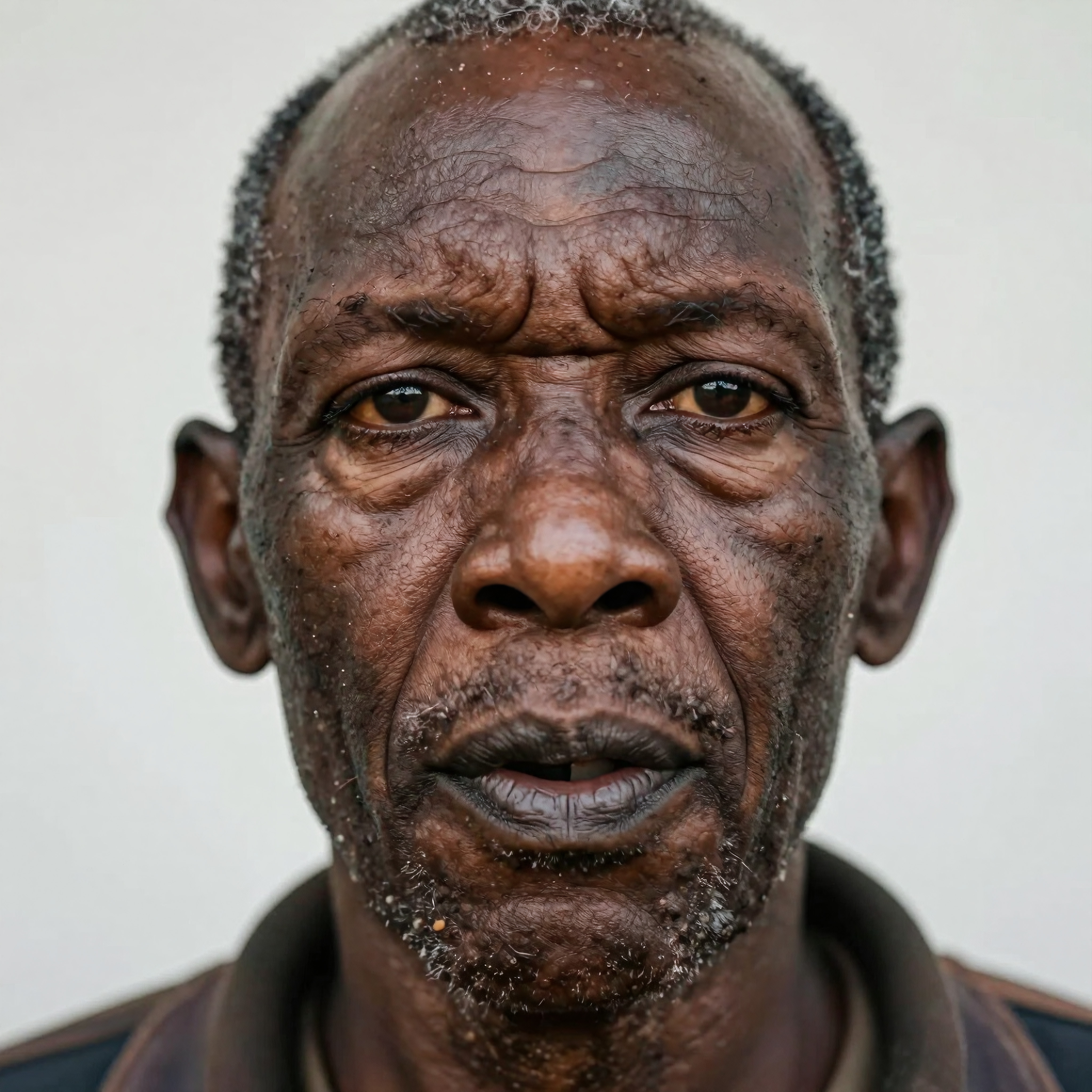 Portrait of an elderly man with textured skin and gray hair, showcasing a thoughtful expression against a neutral background.