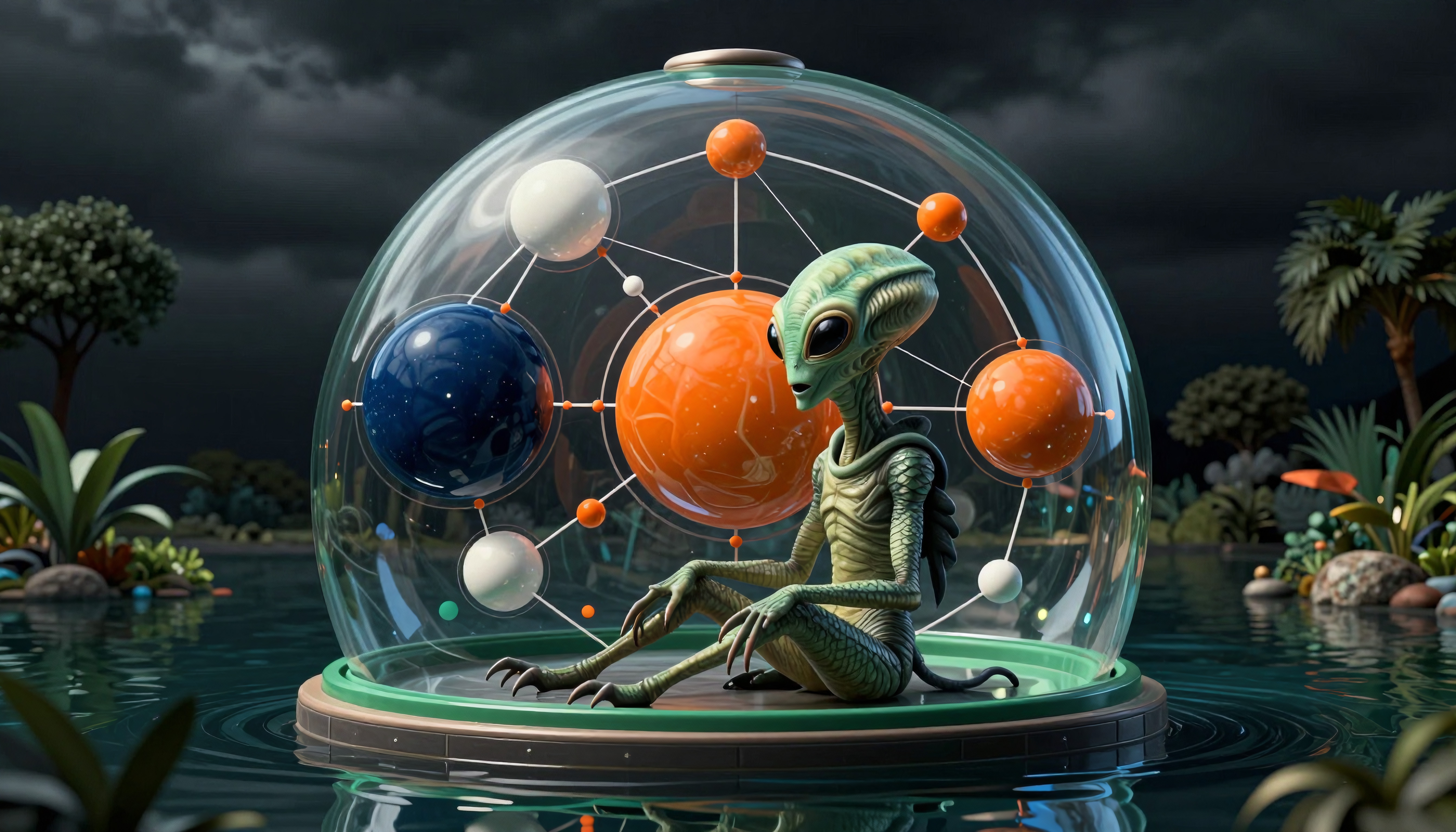 An alien sits in a dome surrounded by colorful spheres, floating on water under a cloudy sky amidst an exotic landscape.