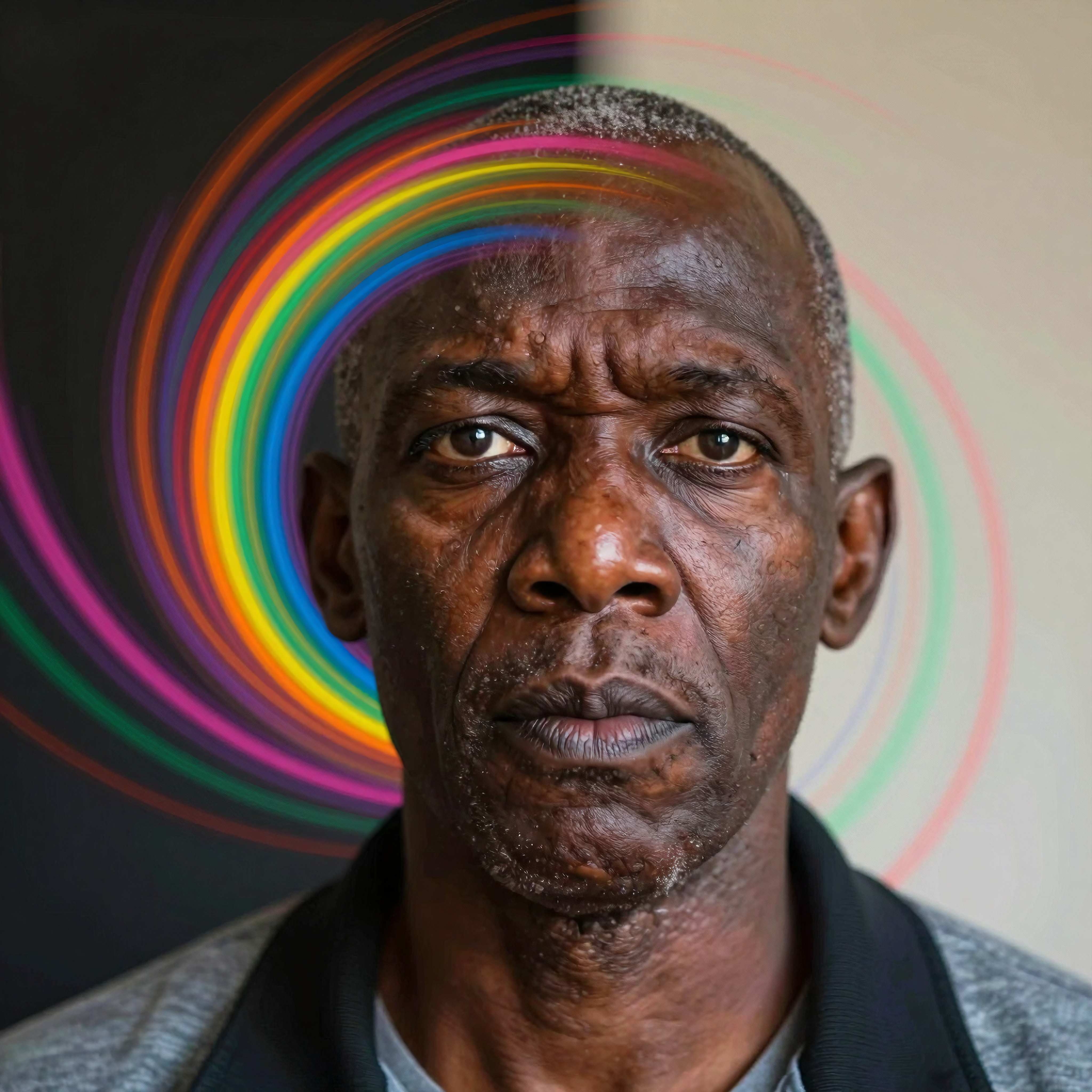 lderly Black Man With Vibrant Rainbow Halo Effect Artistic Portrait
