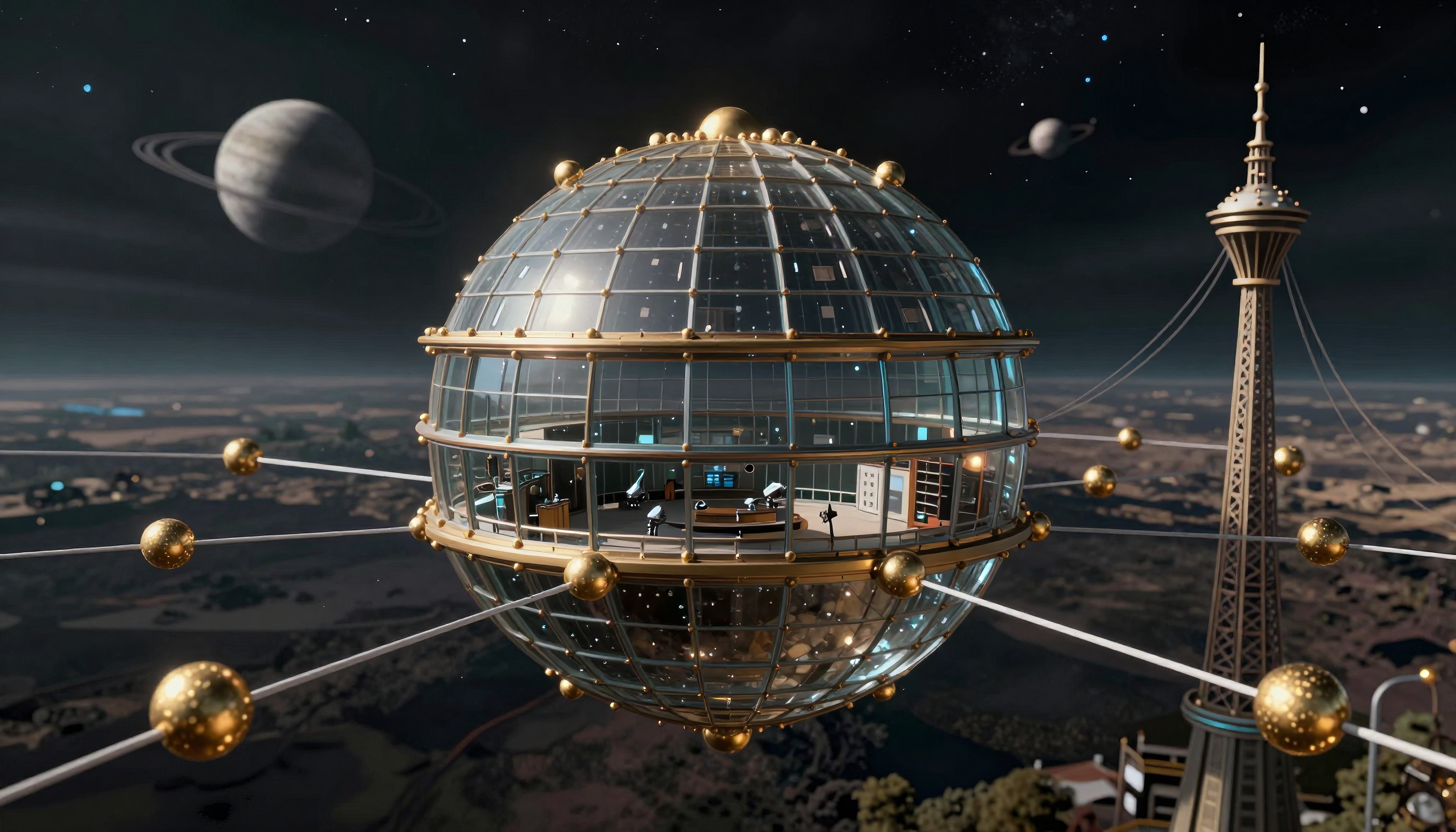 A futuristic sphere building hovers with planets in the background, showcasing advanced architecture and interstellar exploration.