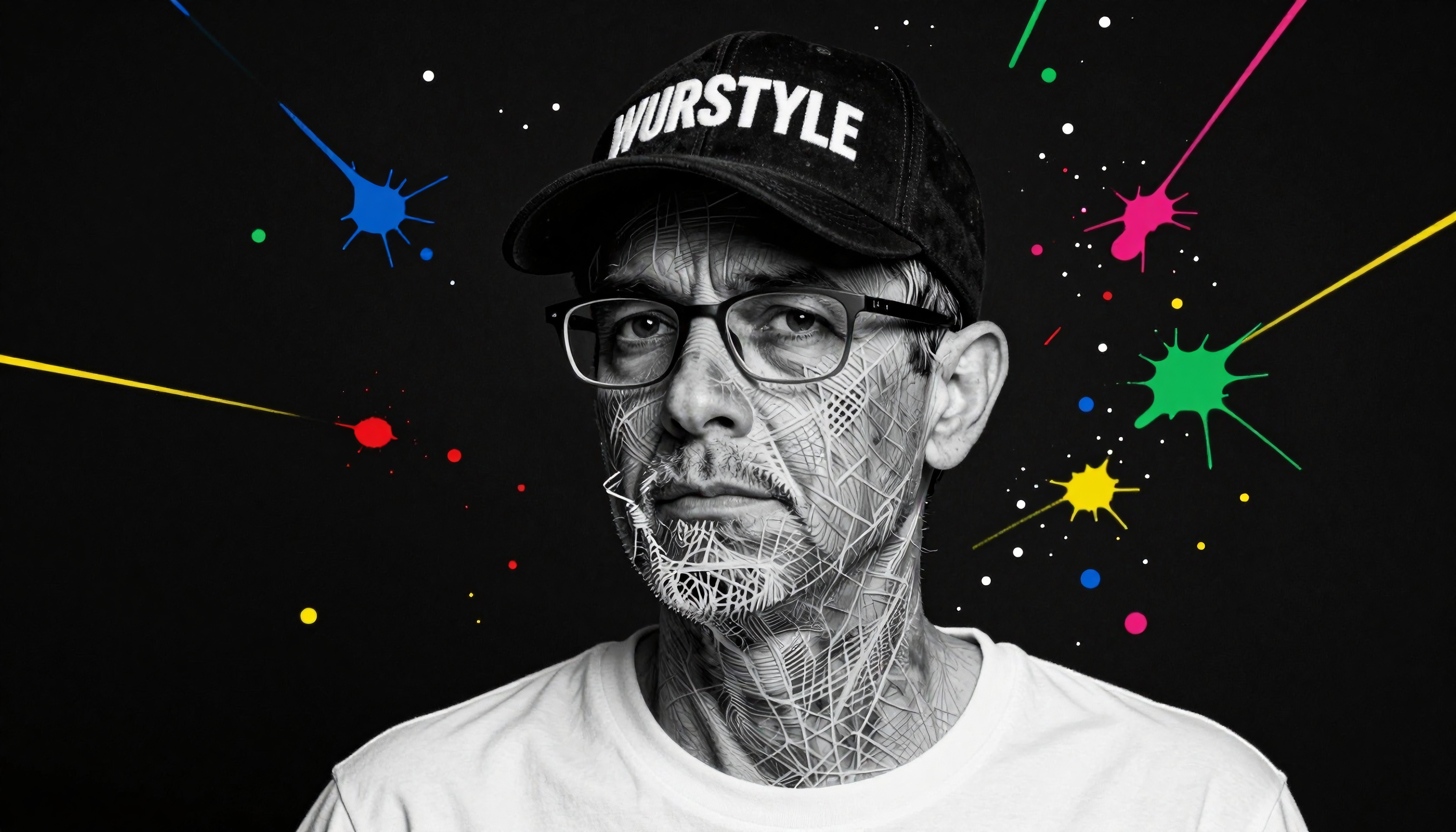 Grayscale portrait with colorful splatters and geometric patterns on face.