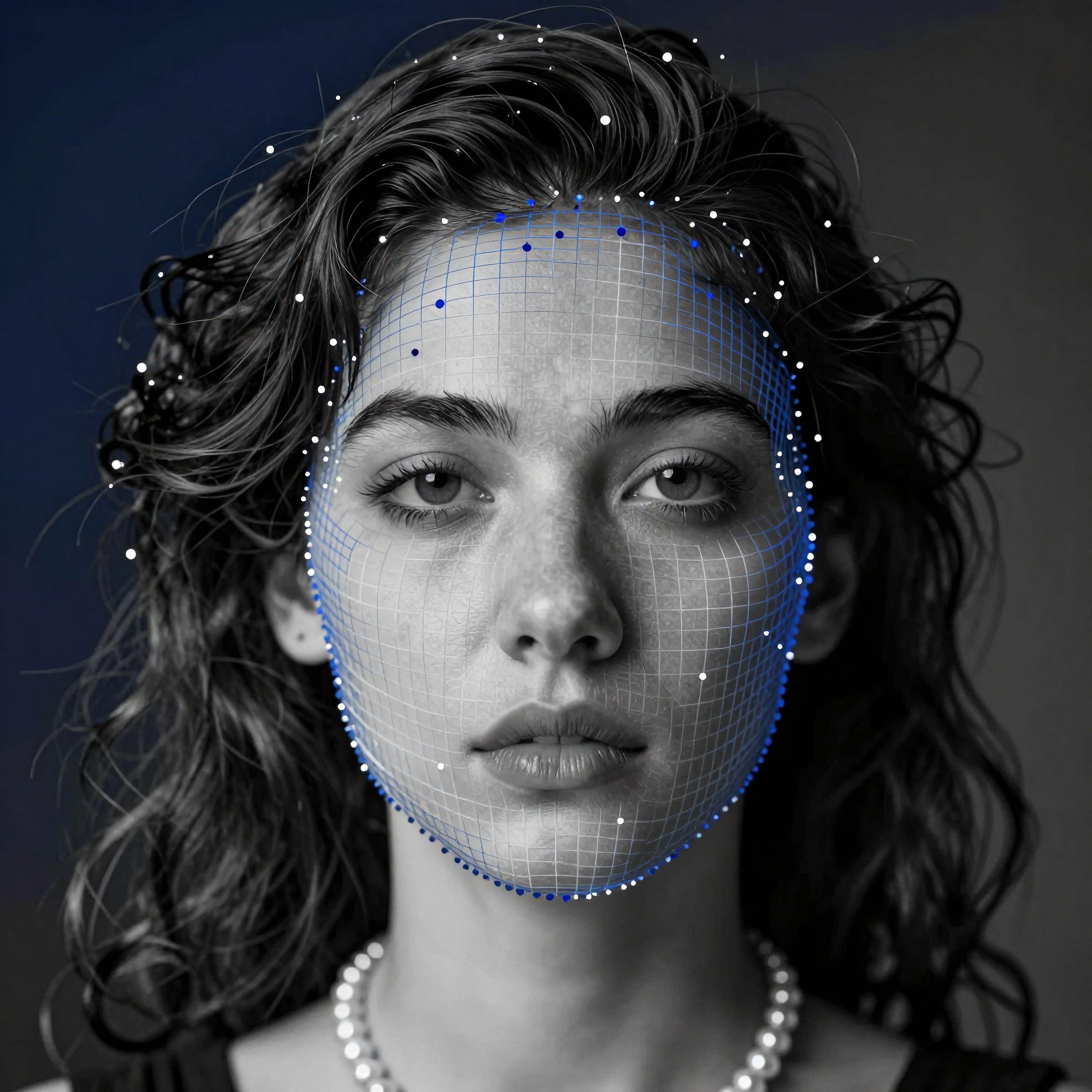 A black and white portrait with facial recognition mesh overlaid on a person’s face, illustrating the blend of technology and humanity.