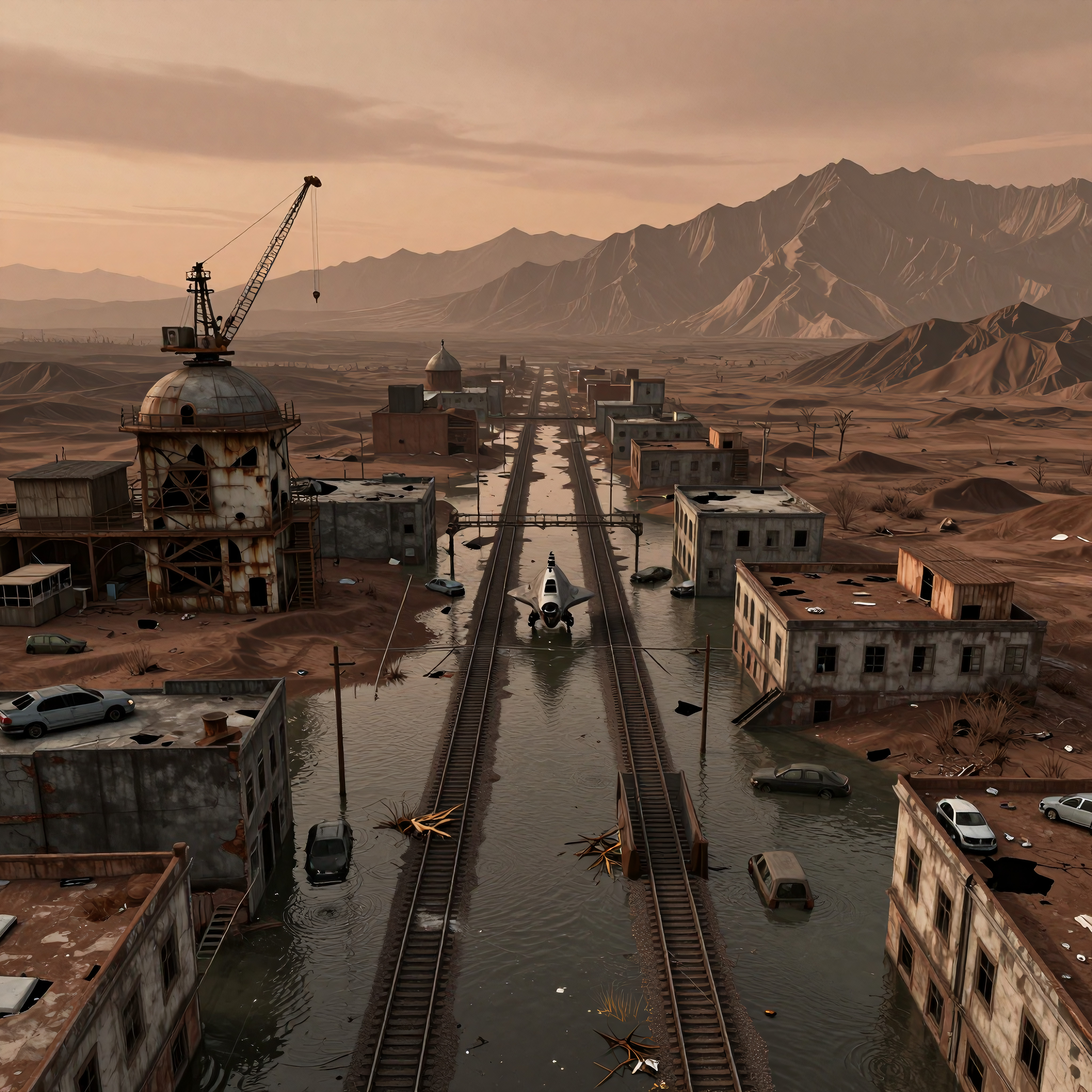 Post-Apocalyptic Flooded Cityscape with Futuristic Aircraft and