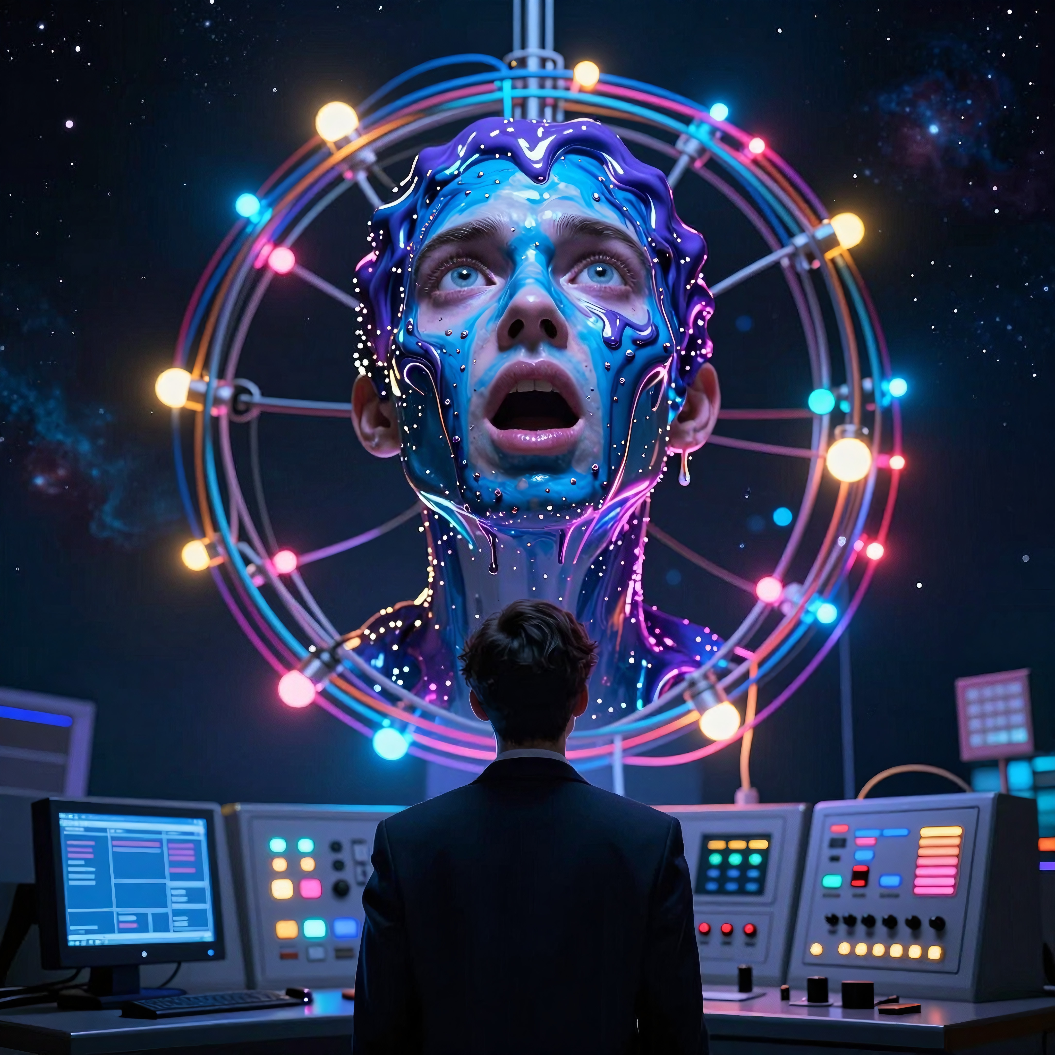 A person stands before a surreal digital face surrounded by colorful lights in a high-tech control room with cosmic elements.