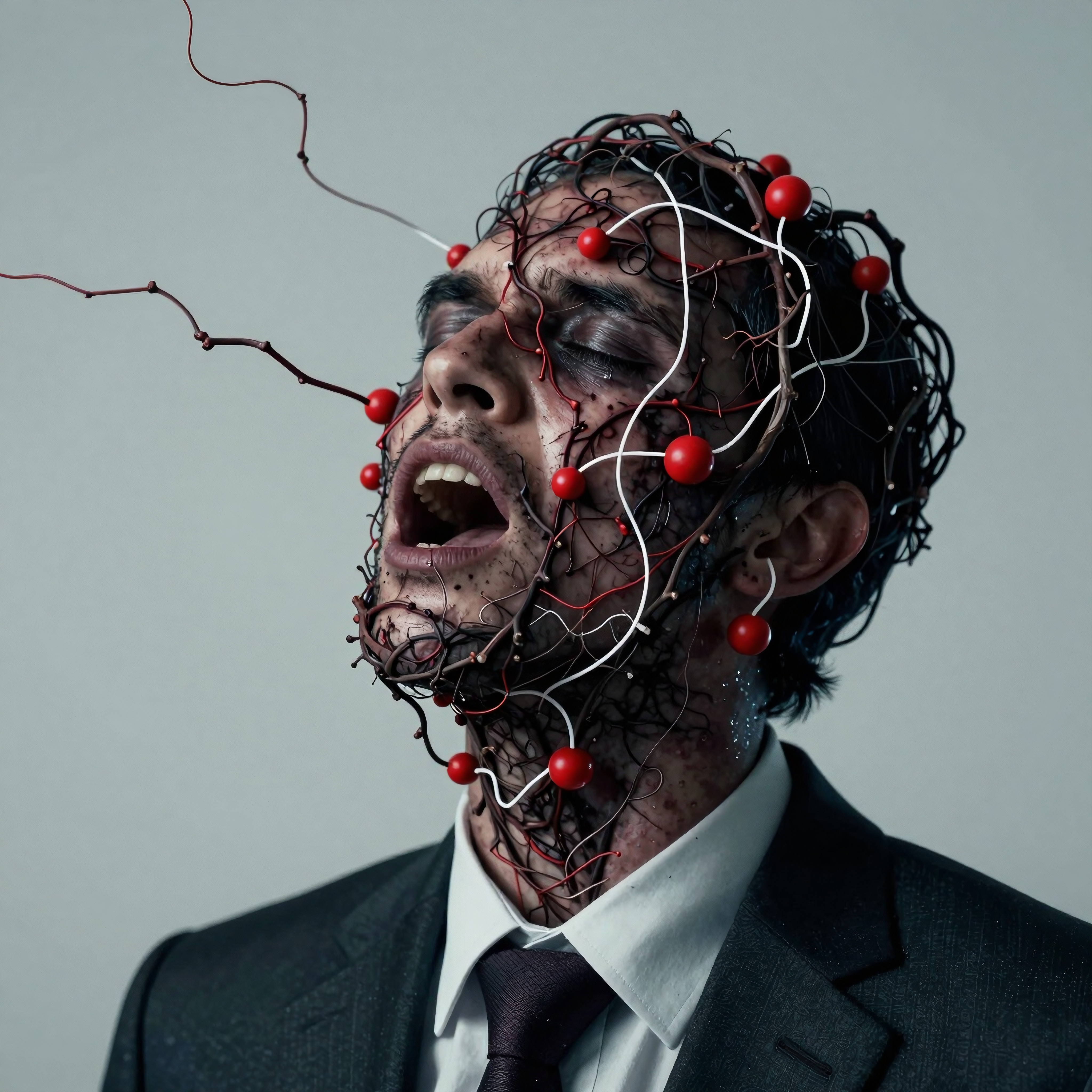 Surreal image of a man with red spheres and wires intricately covering his face and head, symbolizing technology and human integration.