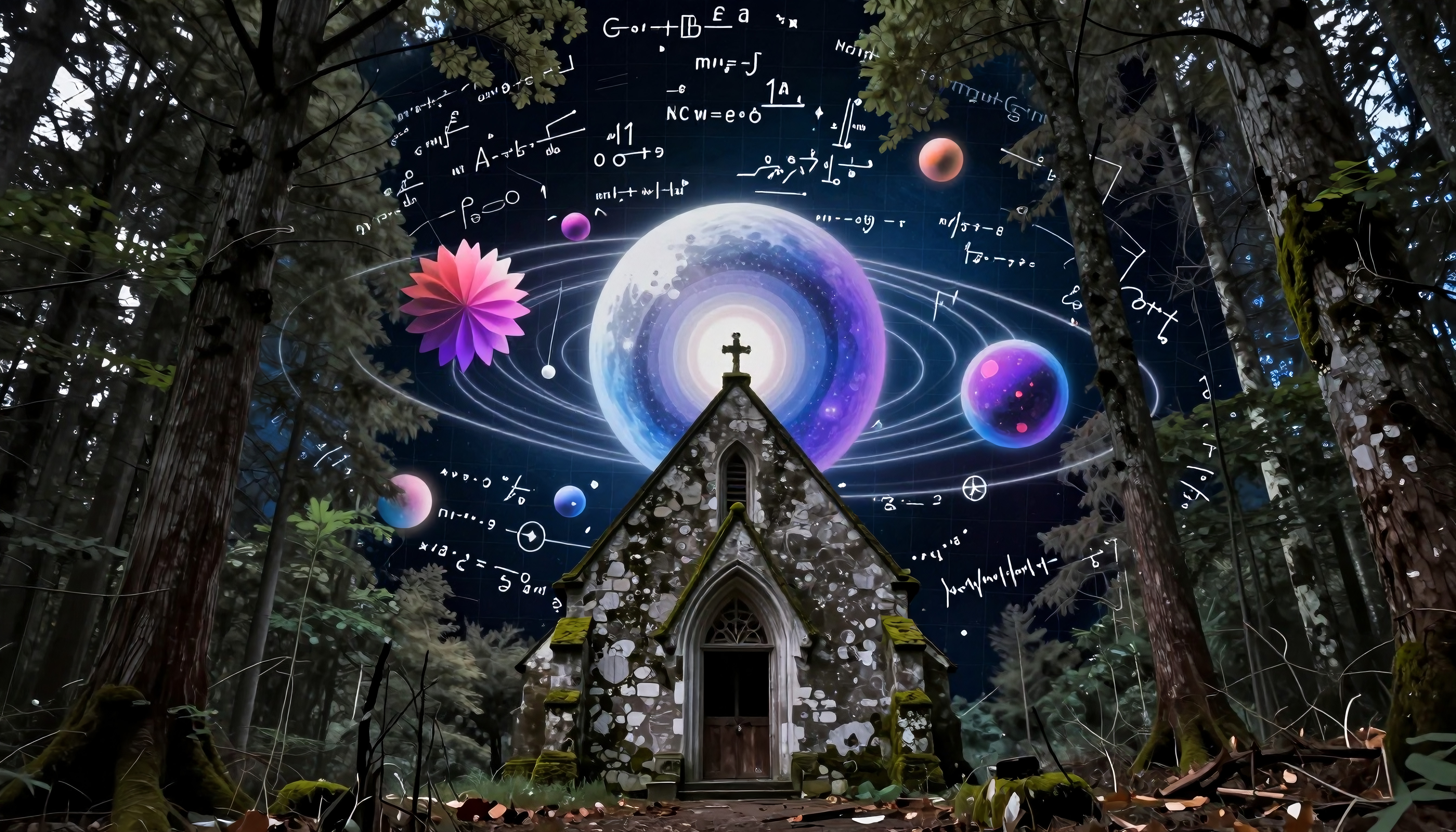 Mystical forest chapel with cosmic equations, vibrant planets, and glowing moon in surreal digital art