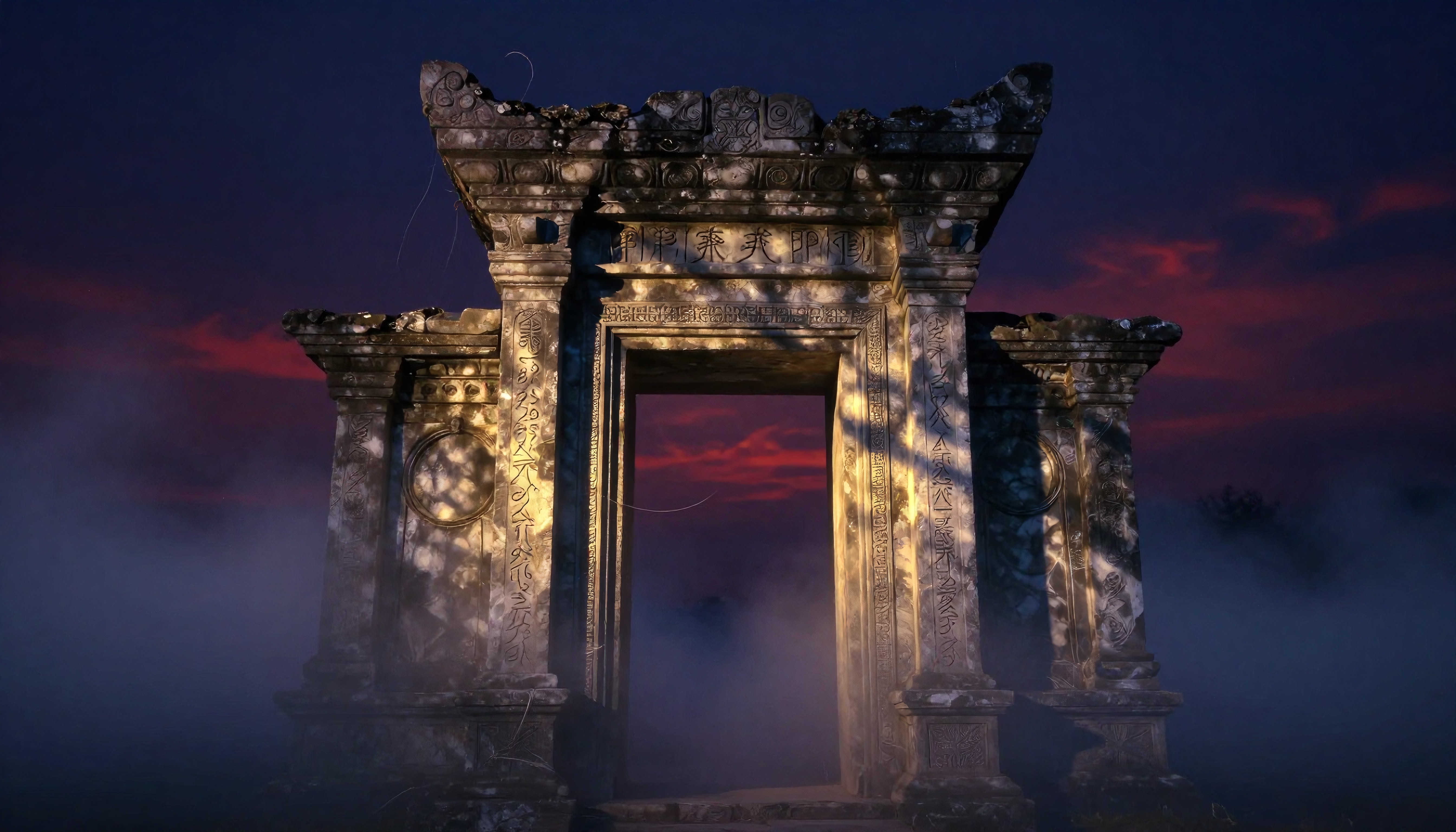 A mystical ancient stone doorway illuminated against a twilight sky and shrouded in mist.