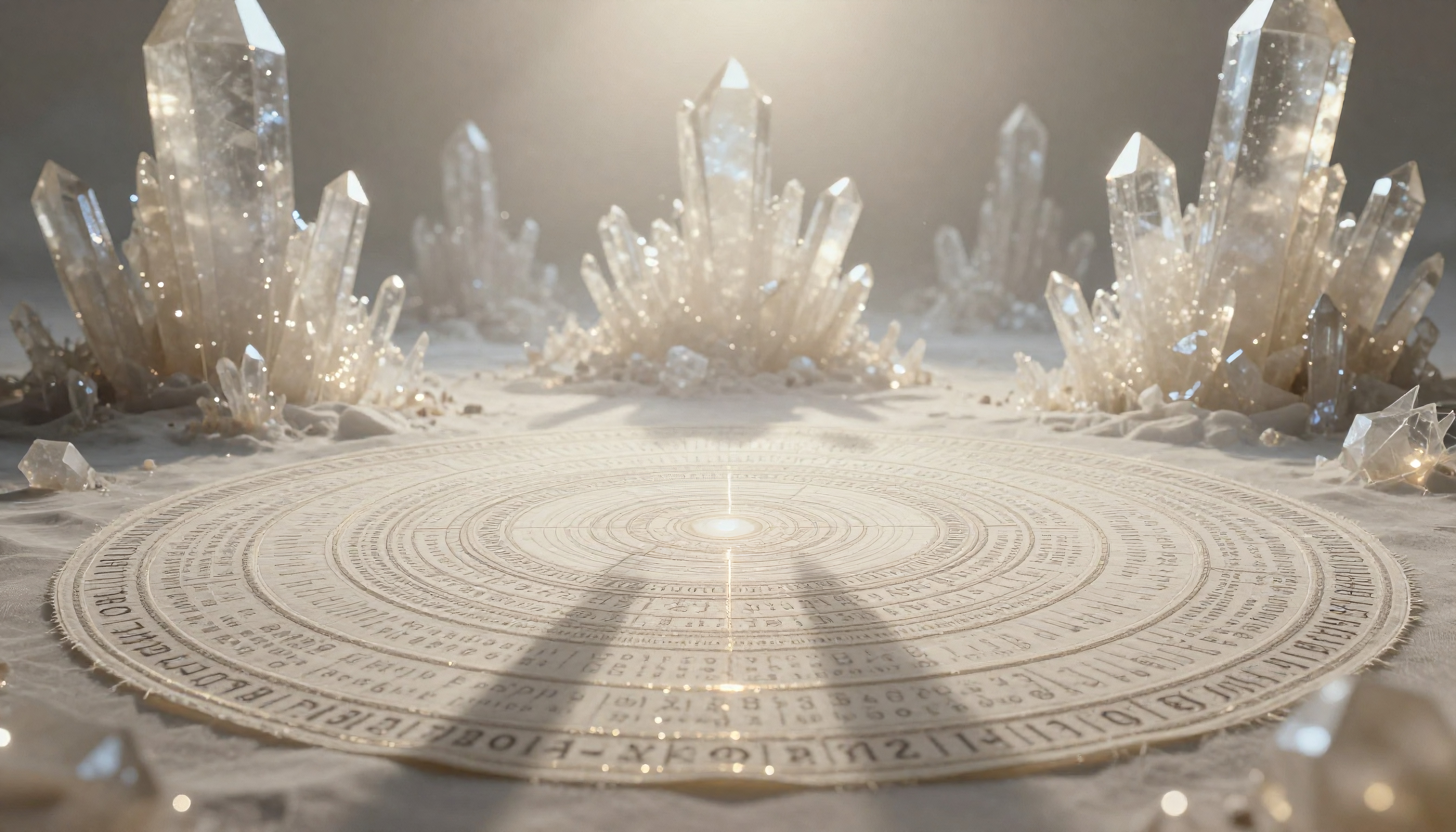 A mystical scene with crystals and intricate circular patterns.