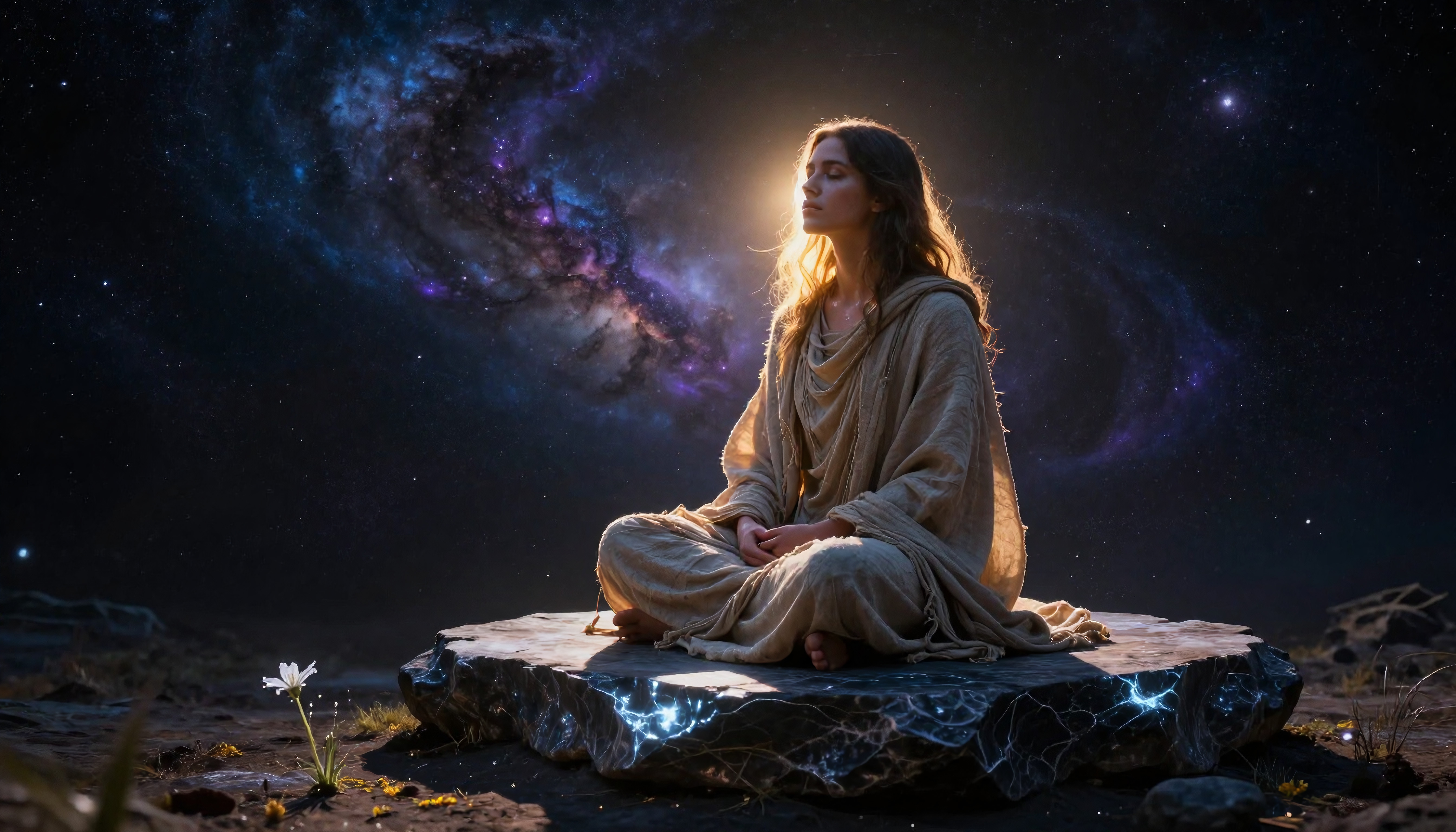 Figure meditates on rock with galaxy backdrop, cosmic connection.