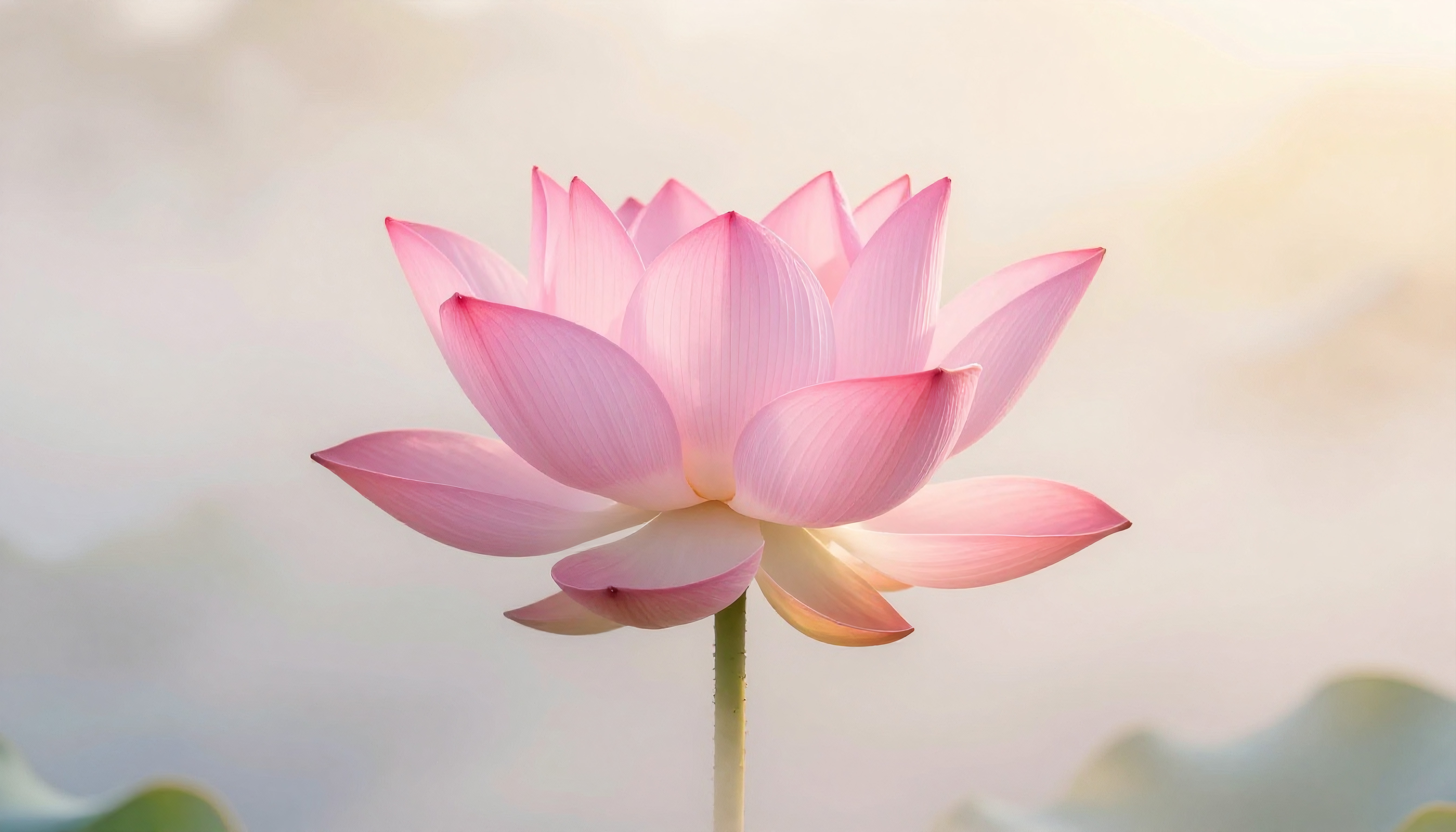A delicate pink lotus flower with illuminated petals against a soft, blurred background, evoking purity and tranquility.