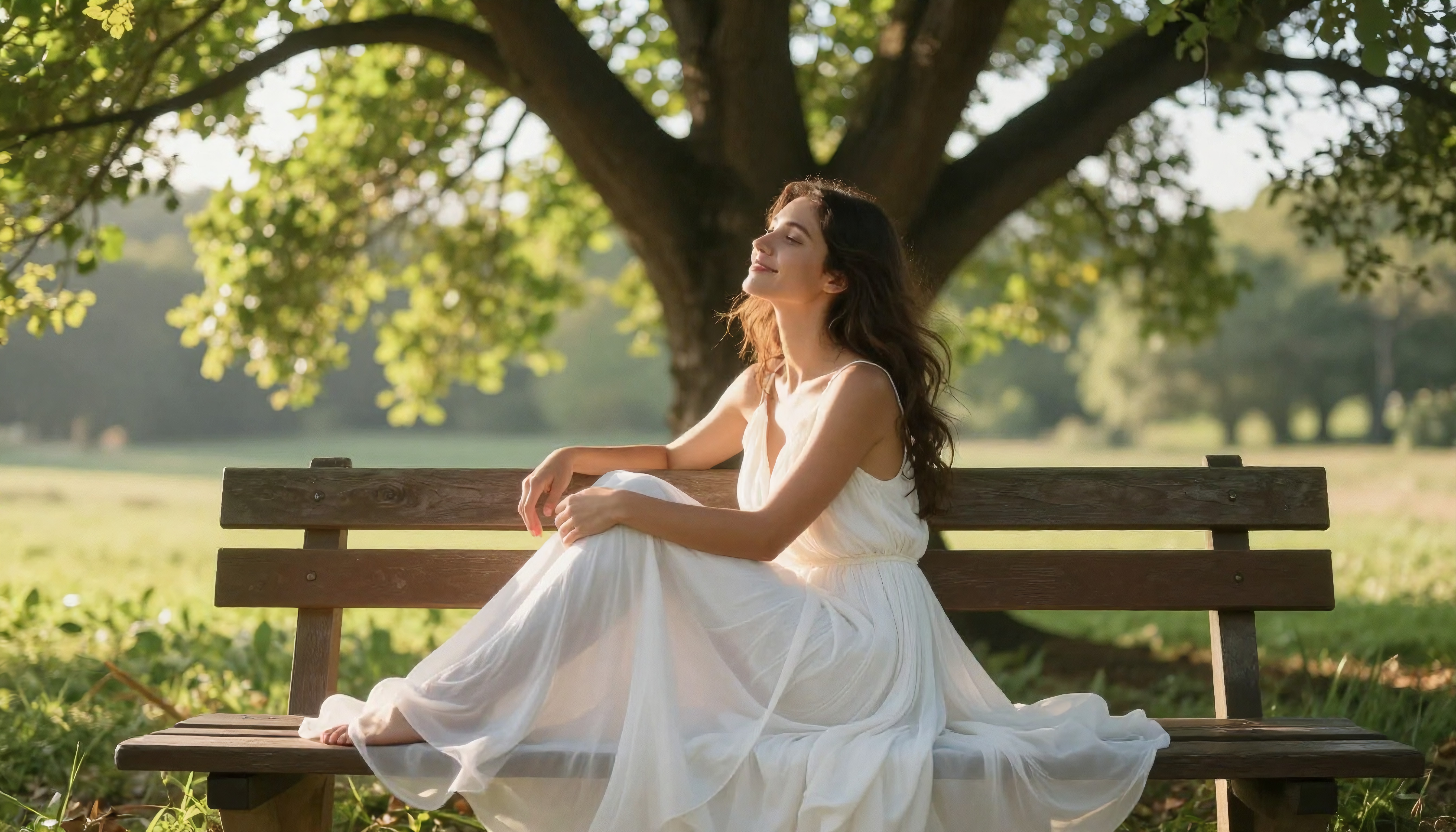 A woman in a white dress enjoys a peaceful moment on a park bench amidst lush greenery.