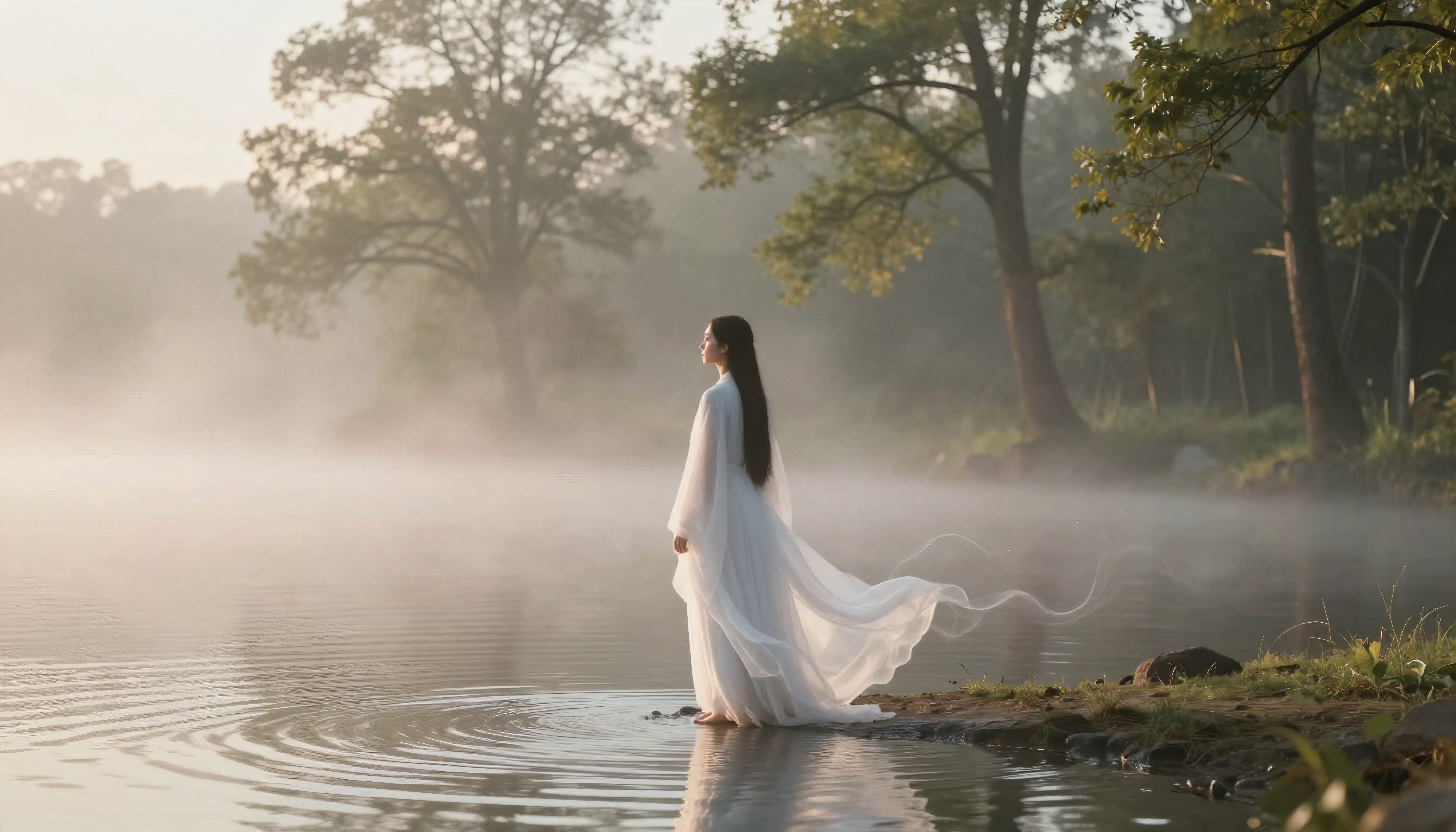 A woman in a flowing dress stands by a misty lake at sunrise.
