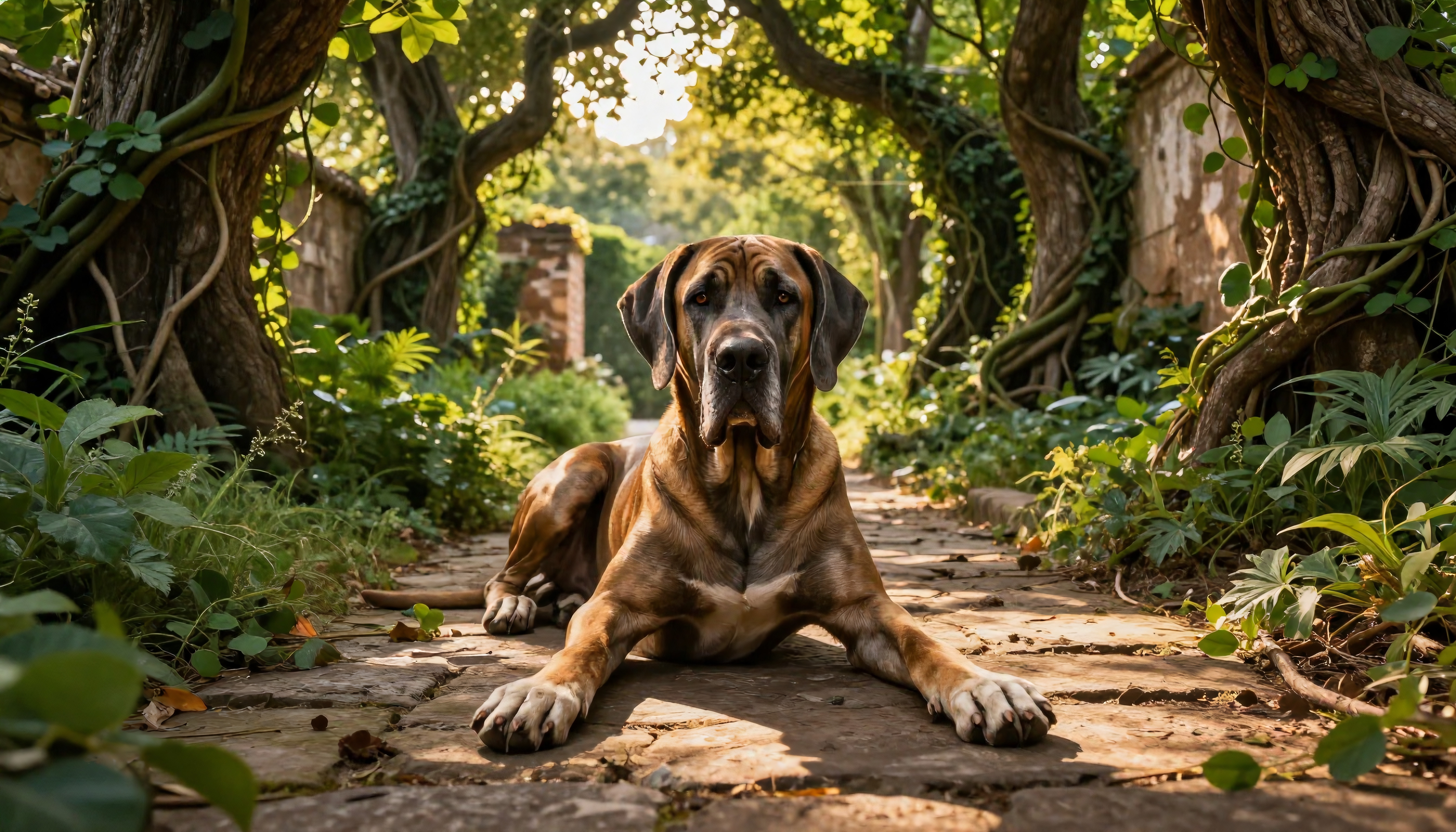 A large dog rests on a leafy garden pathway, surrounded by trees and sunlight.